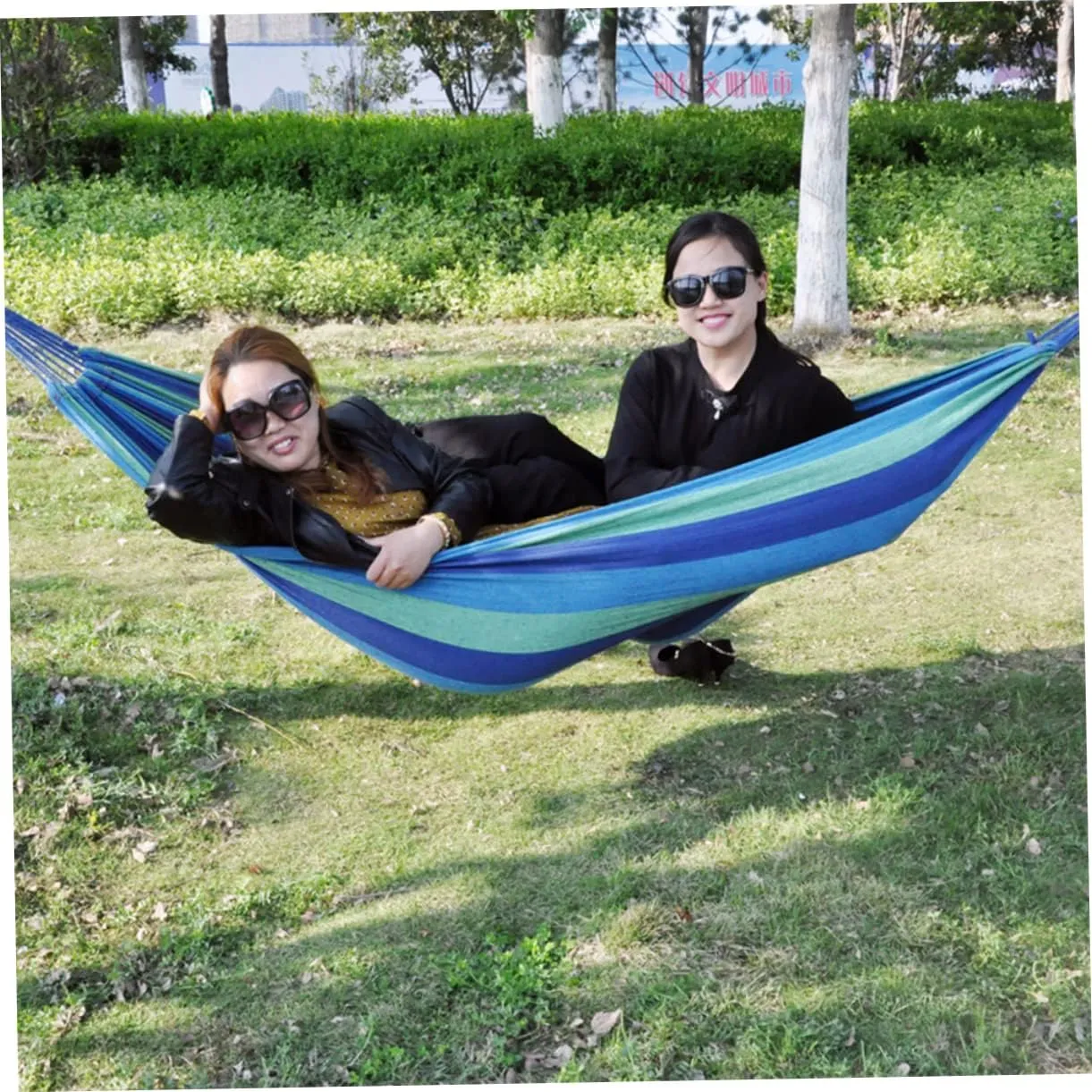 POPETPOP Rainbow Striped Canvas Double Hammock Camping Hammock Swing Lightweight Portable Suitable for 2 People Outdoor Travel