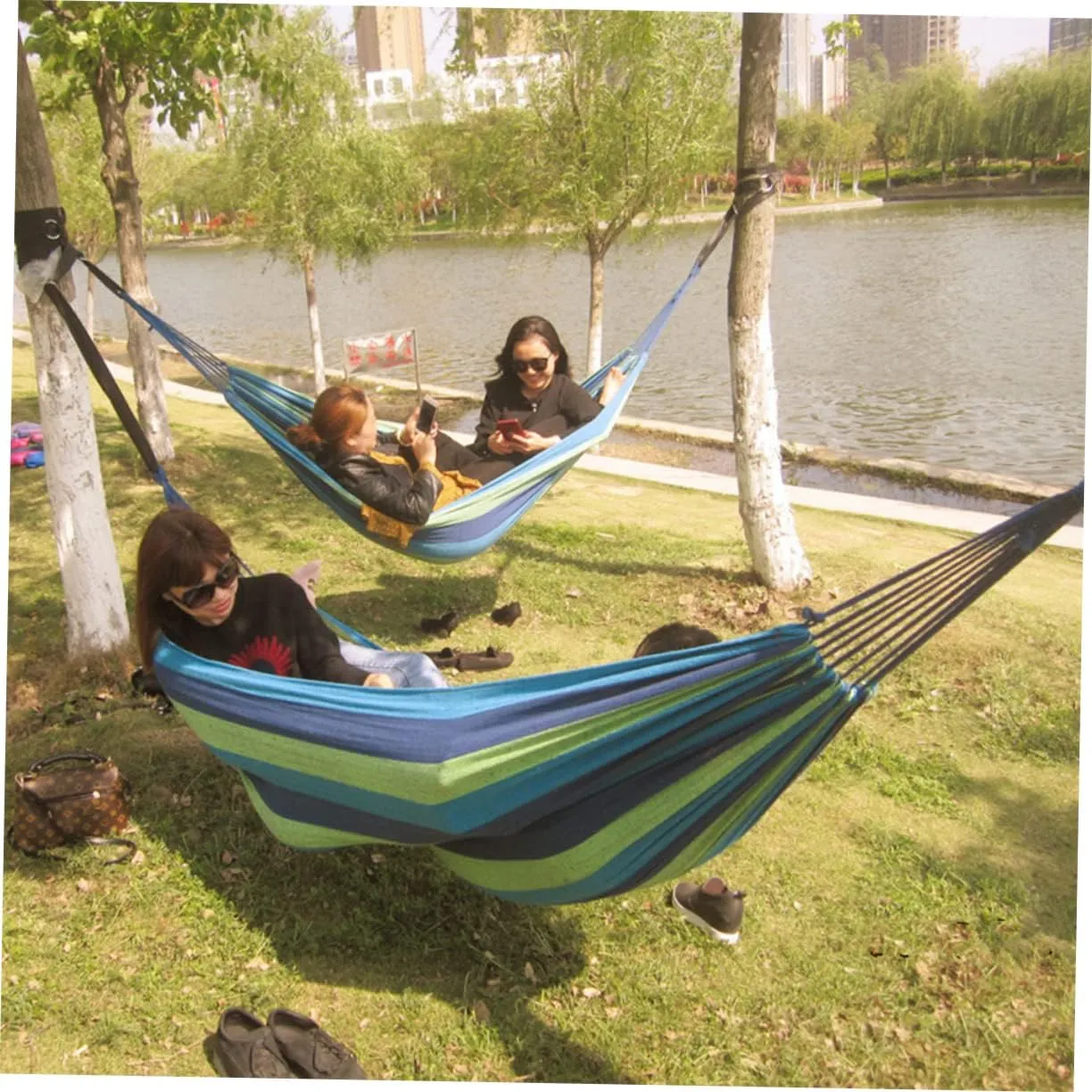 POPETPOP Rainbow Striped Canvas Double Hammock Camping Hammock Swing Lightweight Portable Suitable for 2 People Outdoor Travel