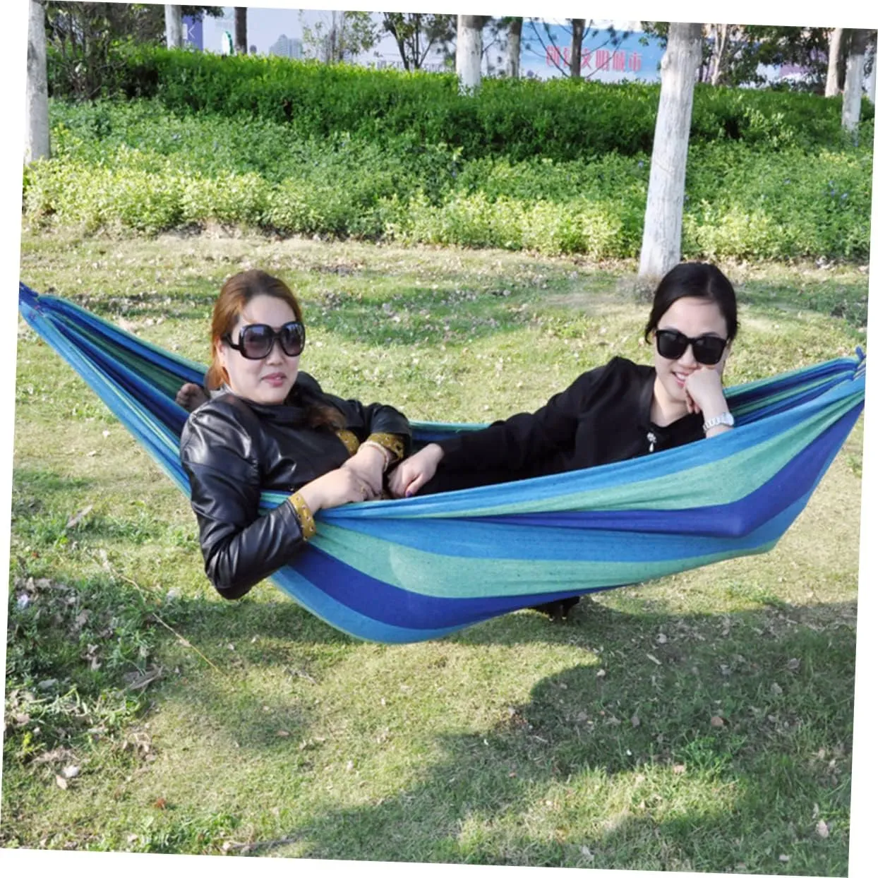 POPETPOP Rainbow Striped Canvas Double Hammock Camping Hammock Swing Lightweight Portable Suitable for 2 People Outdoor Travel