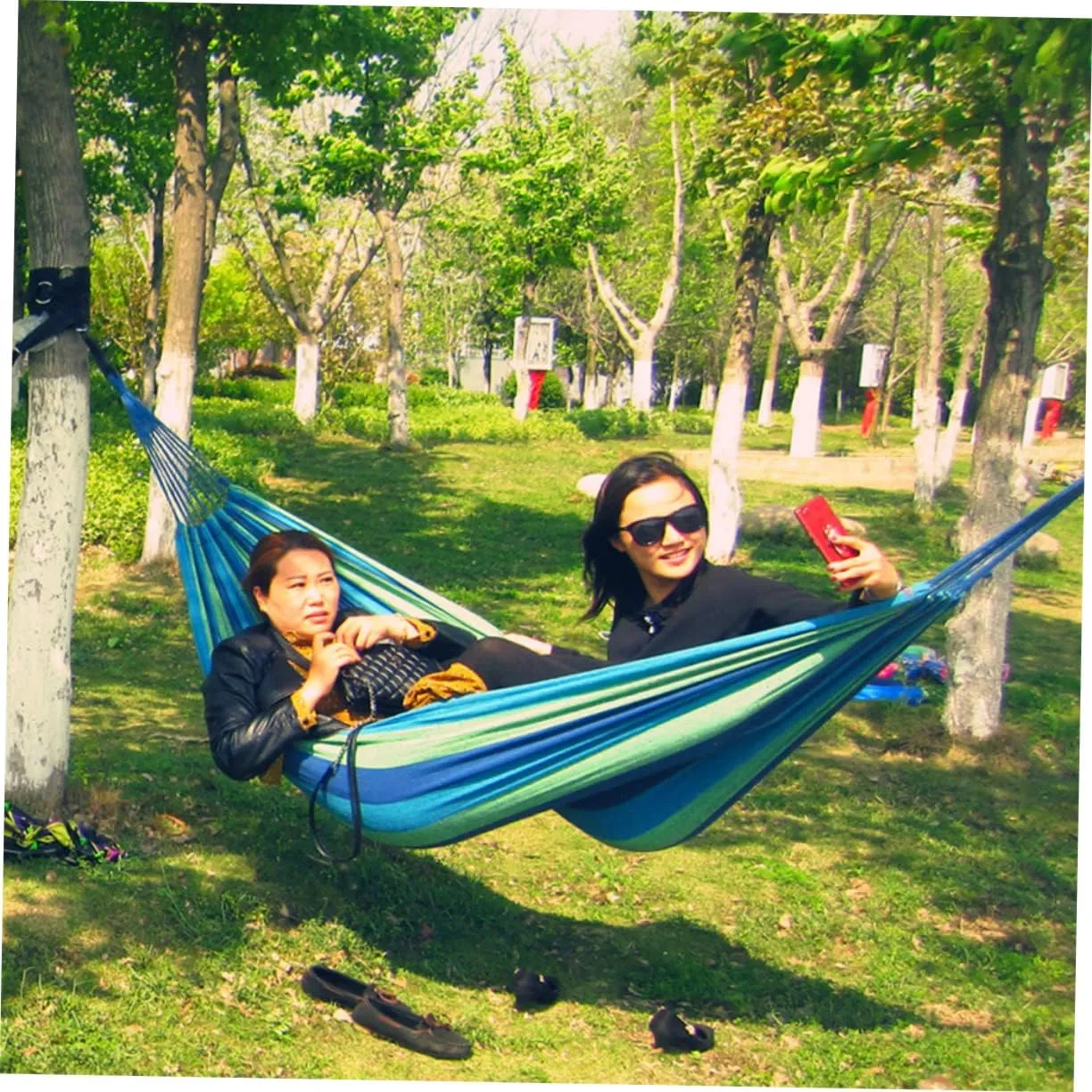 POPETPOP Rainbow Striped Canvas Double Hammock Camping Hammock Swing Lightweight Portable Suitable for 2 People Outdoor Travel