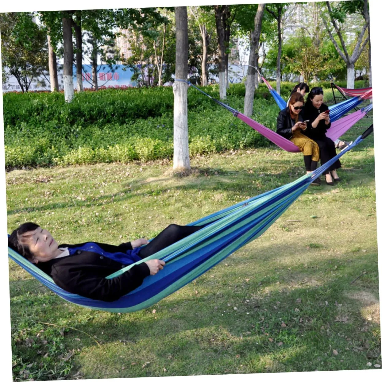 POPETPOP Rainbow Striped Canvas Double Hammock Camping Hammock Swing Lightweight Portable Suitable for 2 People Outdoor Travel