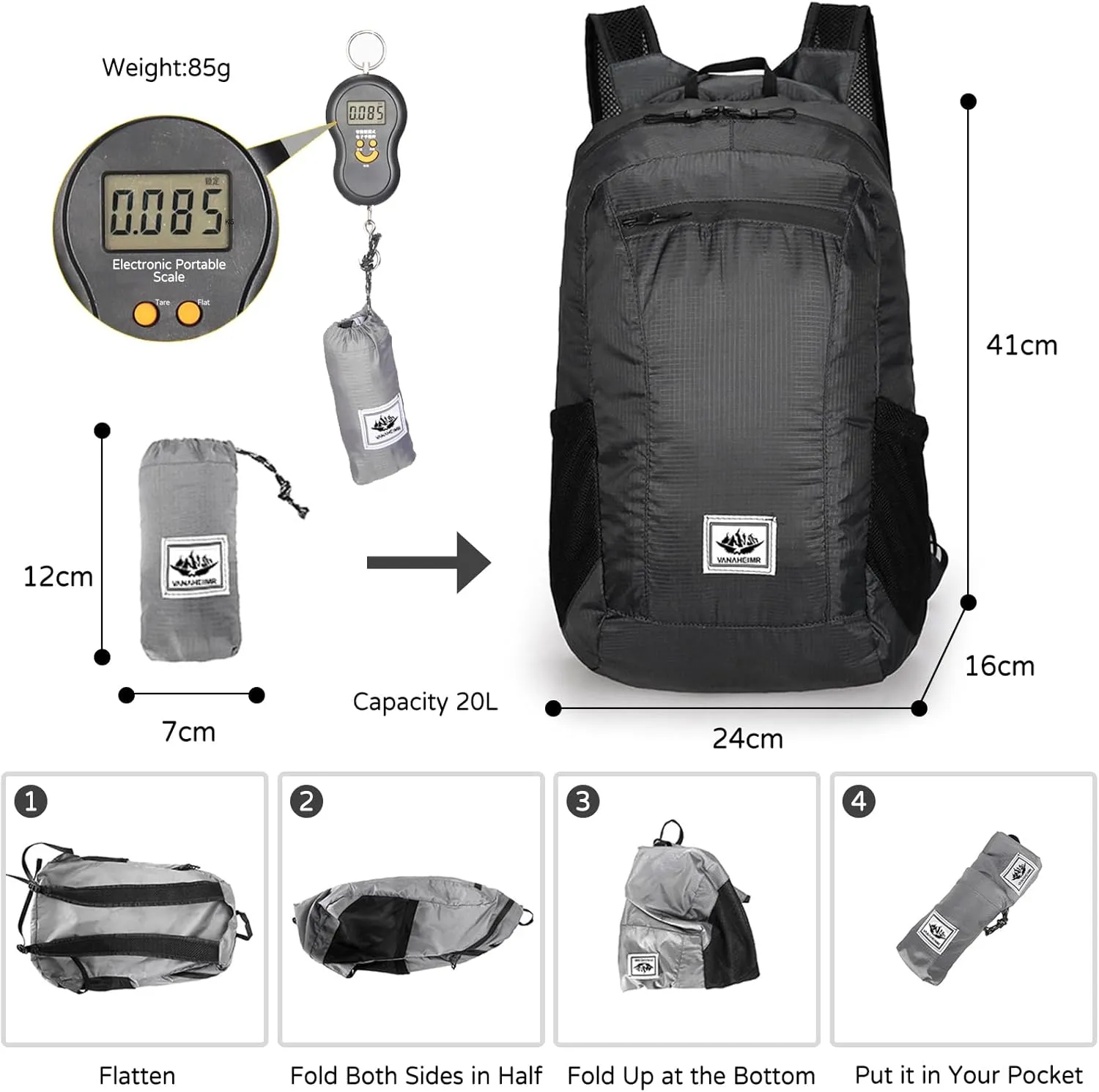 PORRASSO Hiking Backpack Foldable Waterproof Daypack 20L Lightweight Rucksack Backpack for Women Men Camping Trekking Cycling Climbing Outdoor Sports Black