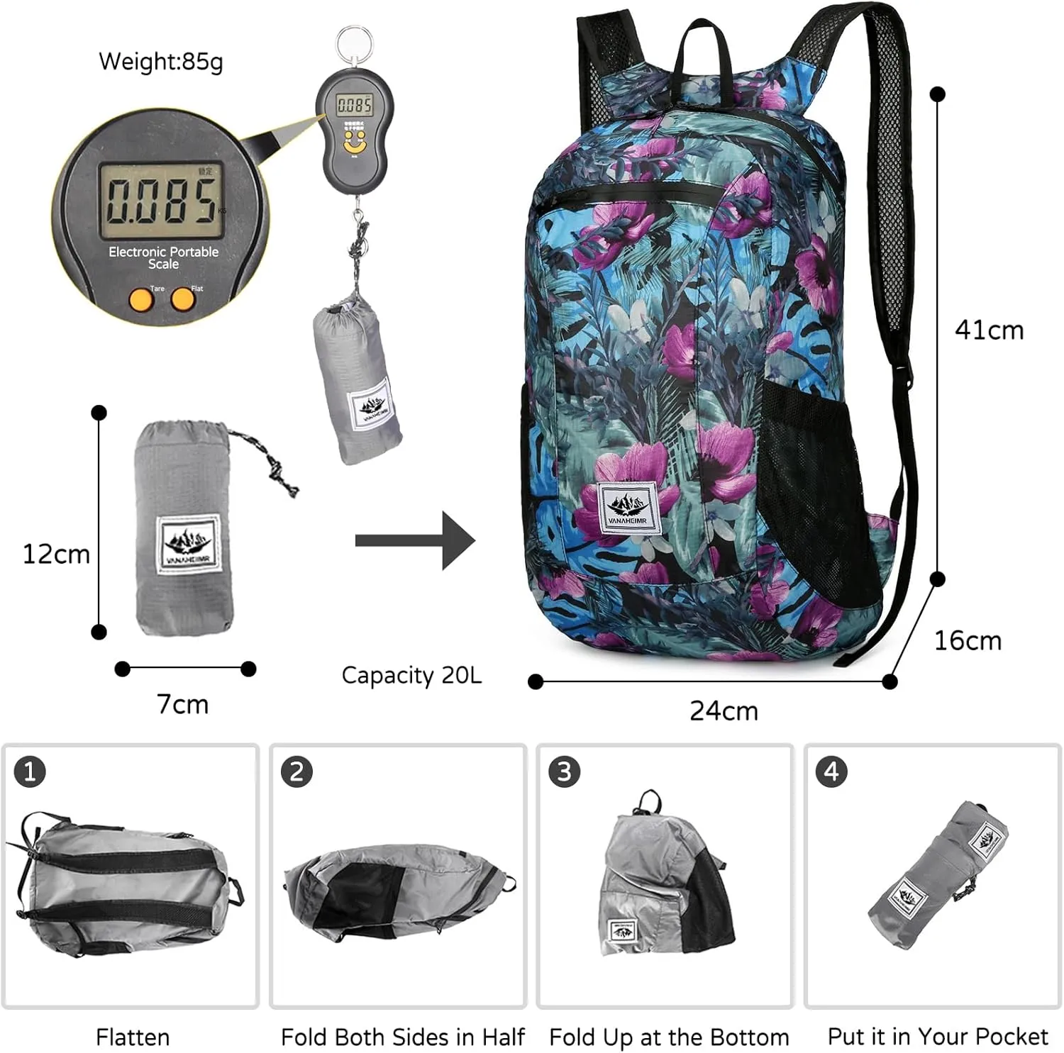PORRASSO Hiking Backpack Foldable Waterproof Daypack 20L Lightweight Rucksack Backpack for Women Men Camping Trekking Cycling Climbing Outdoor Sports Blue Flower
