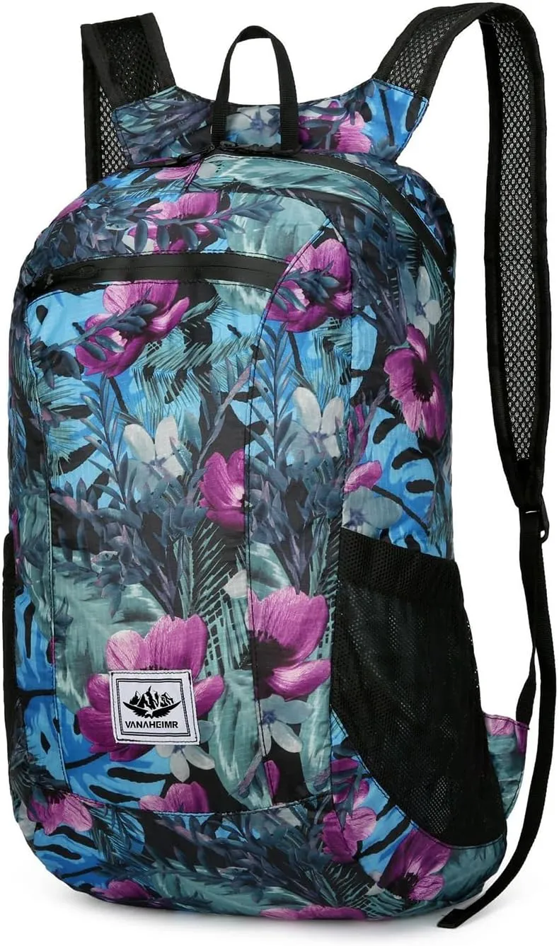 PORRASSO Hiking Backpack Foldable Waterproof Daypack 20L Lightweight Rucksack Backpack for Women Men Camping Trekking Cycling Climbing Outdoor Sports Blue Flower