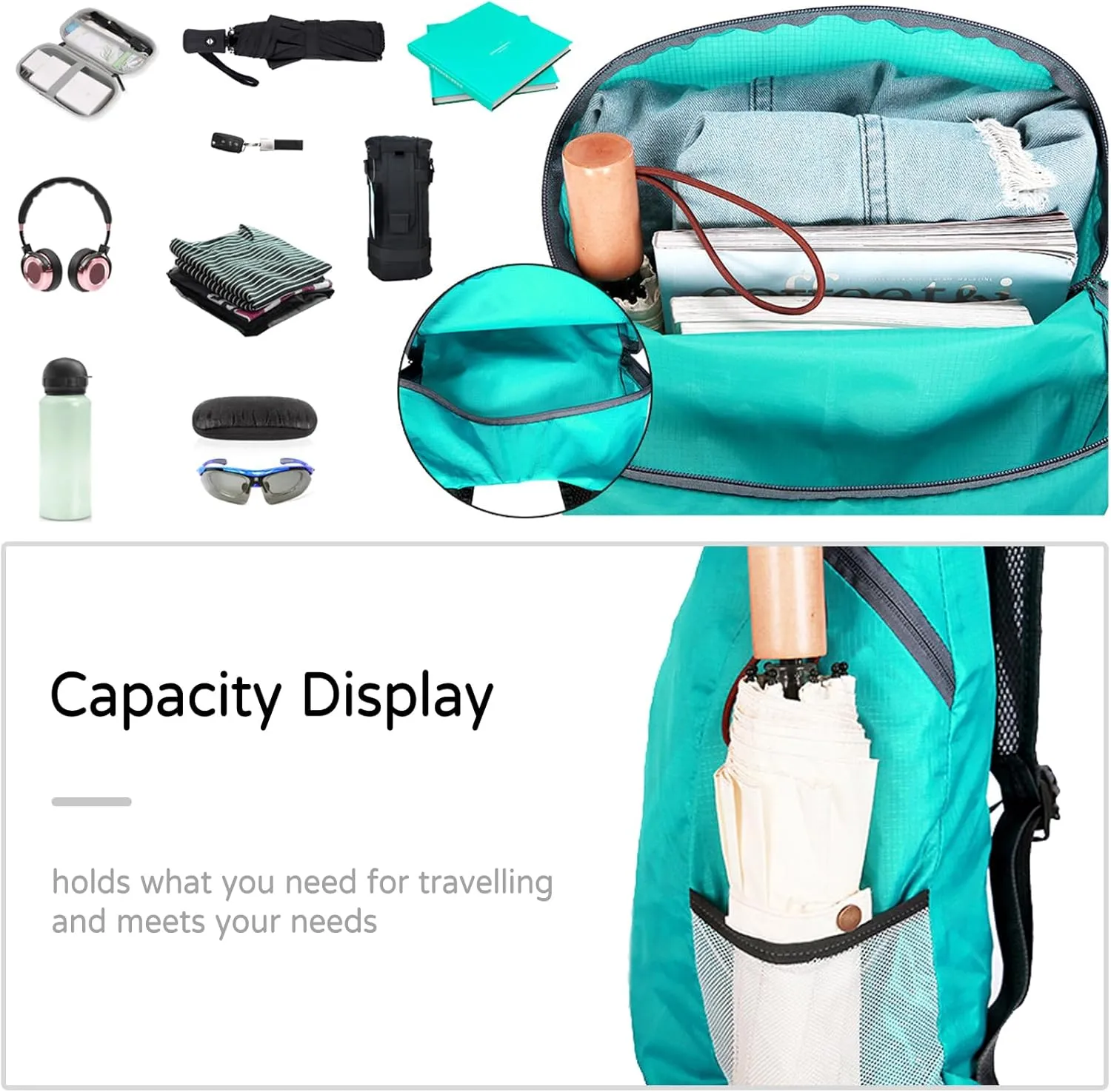PORRASSO Hiking Backpack Lightweight Waterproof Daypack 20L Foldable Rucksack Backpack for Women Men Camping Trekking Cycling Climbing Outdoor Sports Black Red