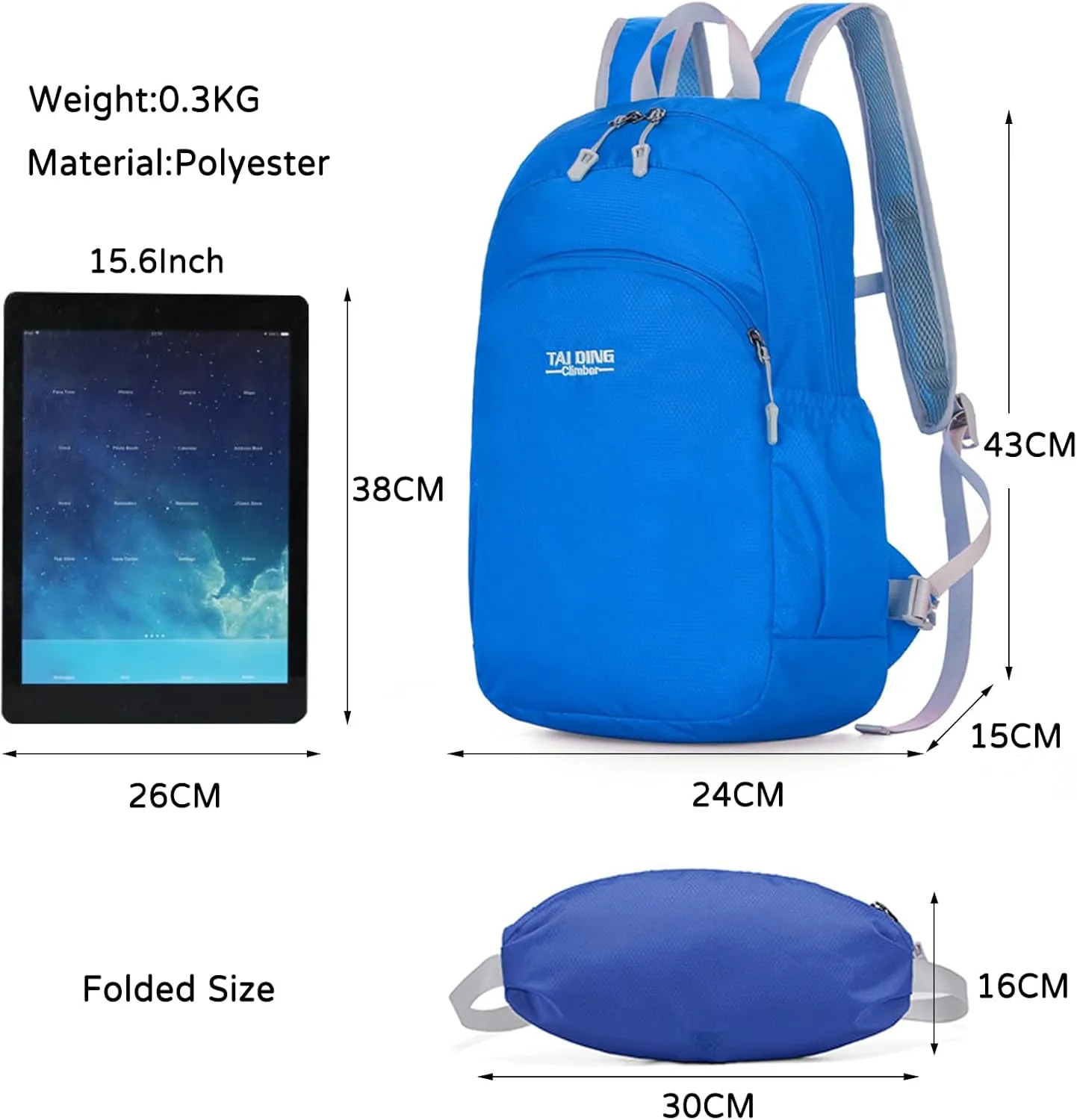 PORRASSO Hiking Backpack Waterproof Daypack Lightweight Foldable Rucksack 19L Backpack for Women Men Camping Trekking Cycling Climbing Outdoor Sports Sky Blue