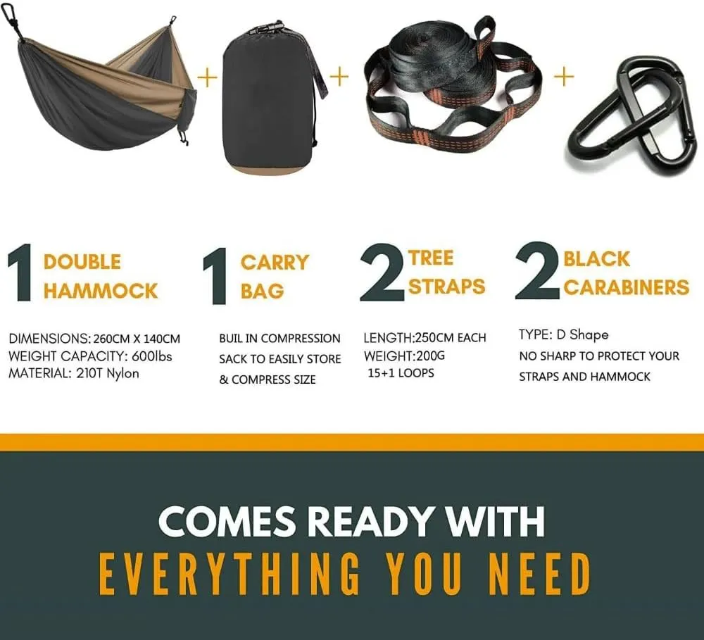 Portable 2 Person Hammock Set, Camping Essentials & Camping Gifts, Portable Hammock Single or Double Hammock for Outdoor