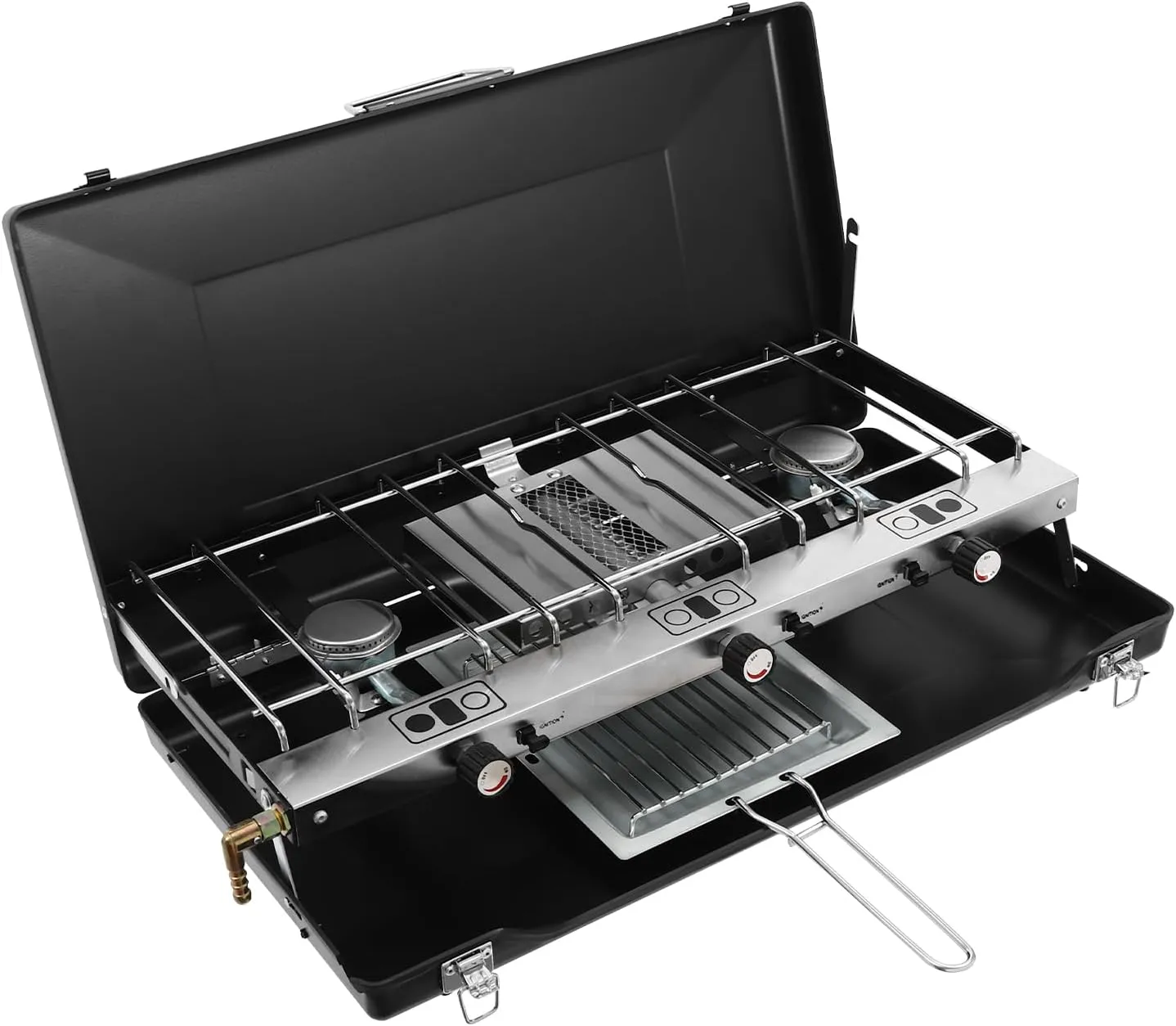 Portable 3-Burner Propane/Butane Camping Stove with Regulator, Tray, Wind Guards, 4.5kw Power, Ideal for Camping, Tailgating, Grilling