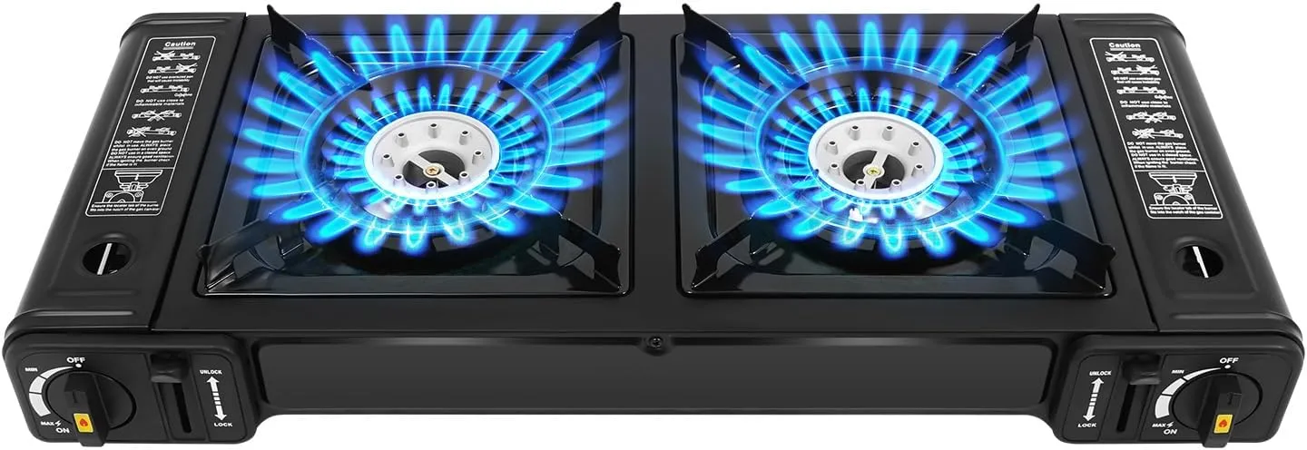 Portable Butane Camping Stove, 2burners Cooking Camping Cooktop With Carrying Case,Automatic Piezo Ignition Design,Desktop Camping Stove For Beach Cookouts, Backyard Bbq,Picnicking(Black)