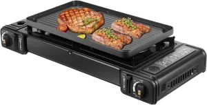 Portable Butane Camping Stove,2-In-1 Cooking,2 Burners Camping Cooktop With Grill Tray,Push-Button Instant Ignition,2* 3924 BTU Desktop Camping Stove For Beach Cookouts, Backyard BBQ,Picnicking(Black)