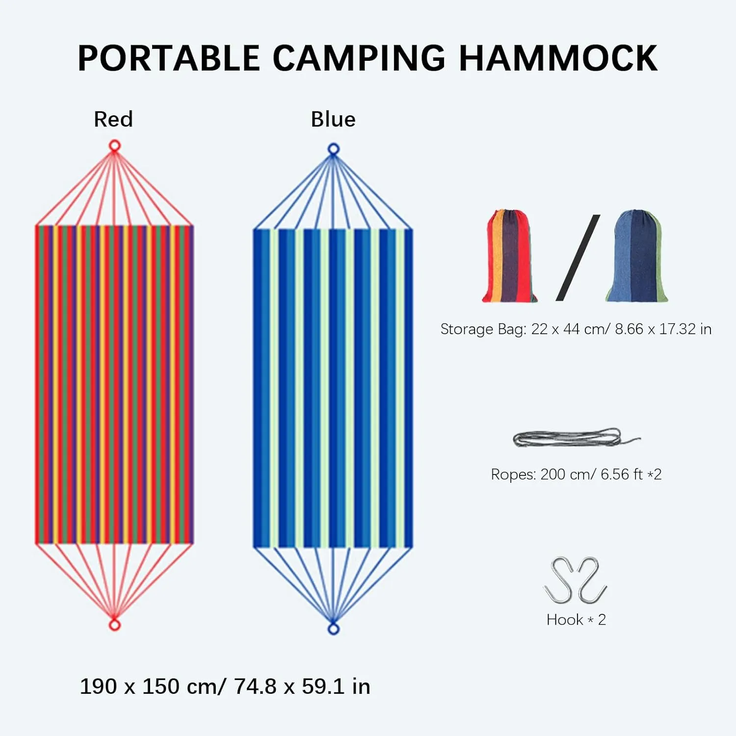 Portable Camping Double Hammock, 661 Lbs Capacity, with Carry Bag, Ropes and Hooks, for Indoor Outdoor Use (Blue)