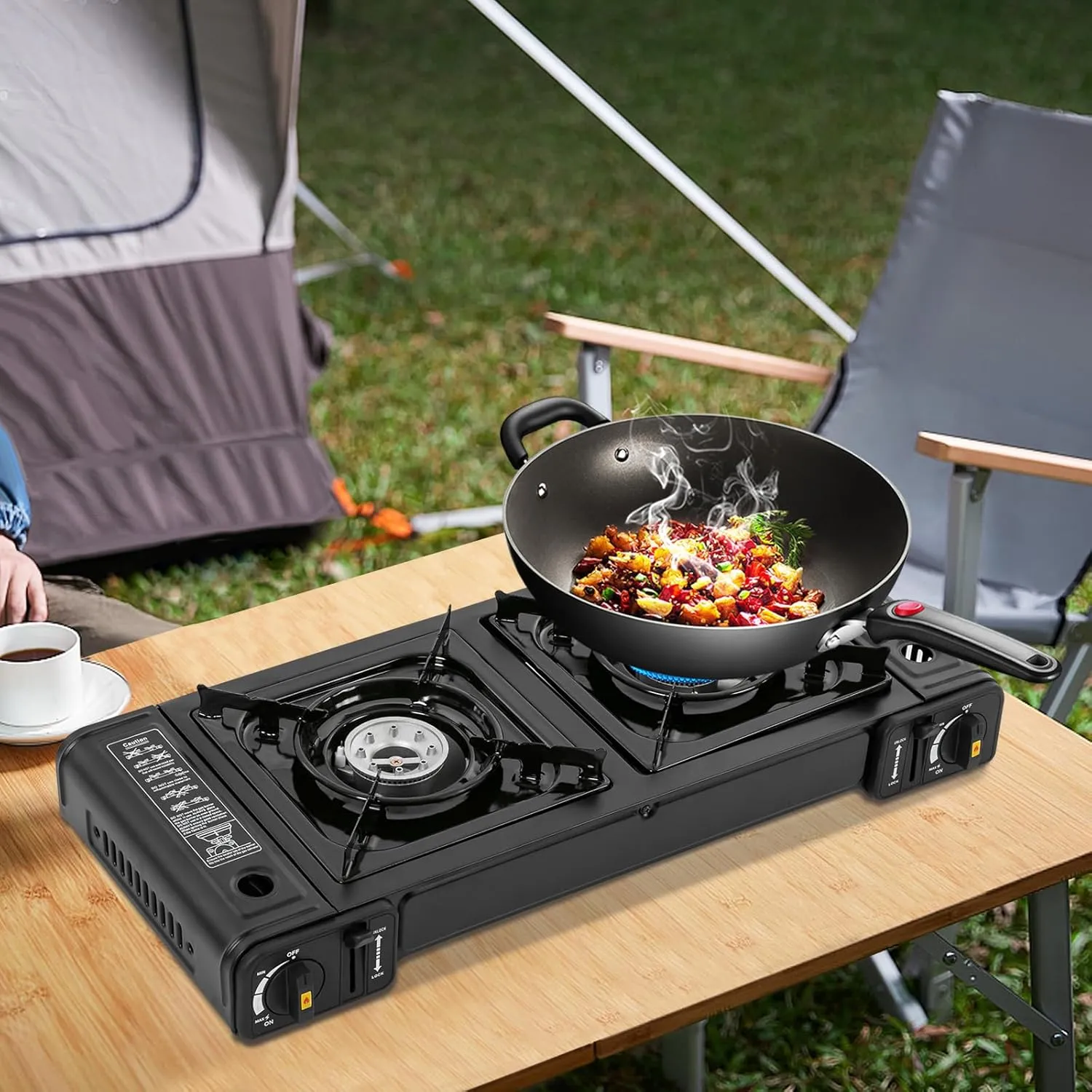 Portable Camping Stove with Carrying Case, Double Burners Gas Cooktop, Tabletop Butane Camping Cookware Set, 2 Burner Propane Stove for Camping, Traveling, Hiking Parties(Type A 25.2*10.94*3.15in)