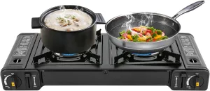 Portable Double Burner Butane Camping Stove with Auto Ignition & Carrying Case - Durable LPG Gas Stove for RV, Outdoor, Apartment - Compact & Slip-Resistant Design (8.27x8.27in)