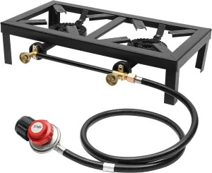 Portable Double Burner Outdoor Gas Stove Propane Cooker with Adjustable 0-10Psi Regulator Hose for Patio Camping, BBQ, Home Brewing, Turkey Fry, Maple Syrup Prep