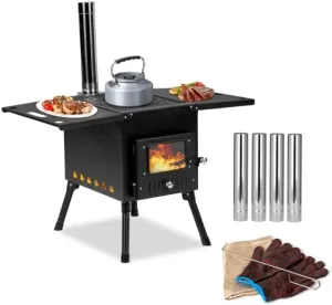 Portable Folding Wood Burning Camping Stove, Hot Tent Stove with large flanking display panels on both sides for Outdoor Camping Cooking and Heating 1-2 People Use(Black)