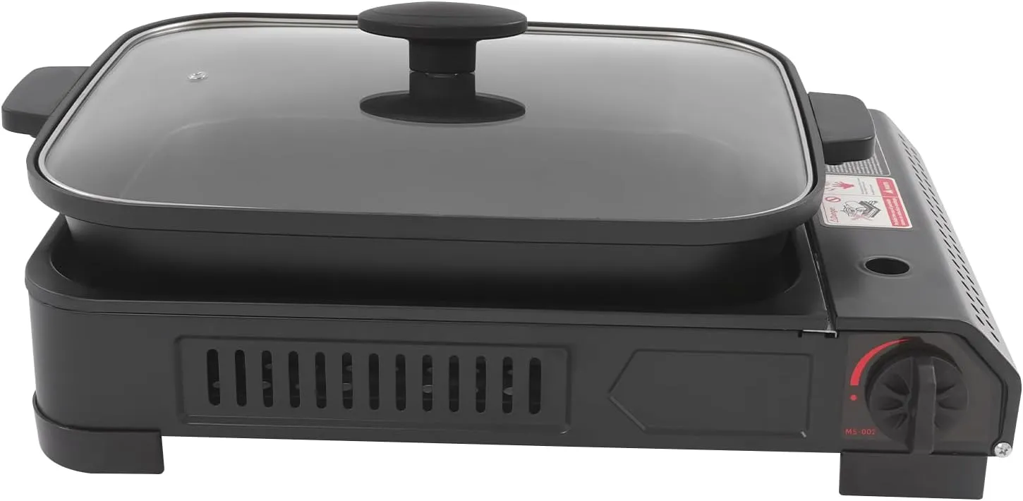 Portable Gas Stove, Butane Gas Stove with Grill Pan and Lid for Outdoor BBQ RV Camping Beach (17.71 * 12 * 3.34 in)