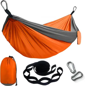 Portable Hammock and Travel Lightweight Backpacking Hammocks Swing with Stainless Steel Clip and Tree Straps for Camping Hiking Backyard Lounging Outdoor Hammock (Orange Gray)