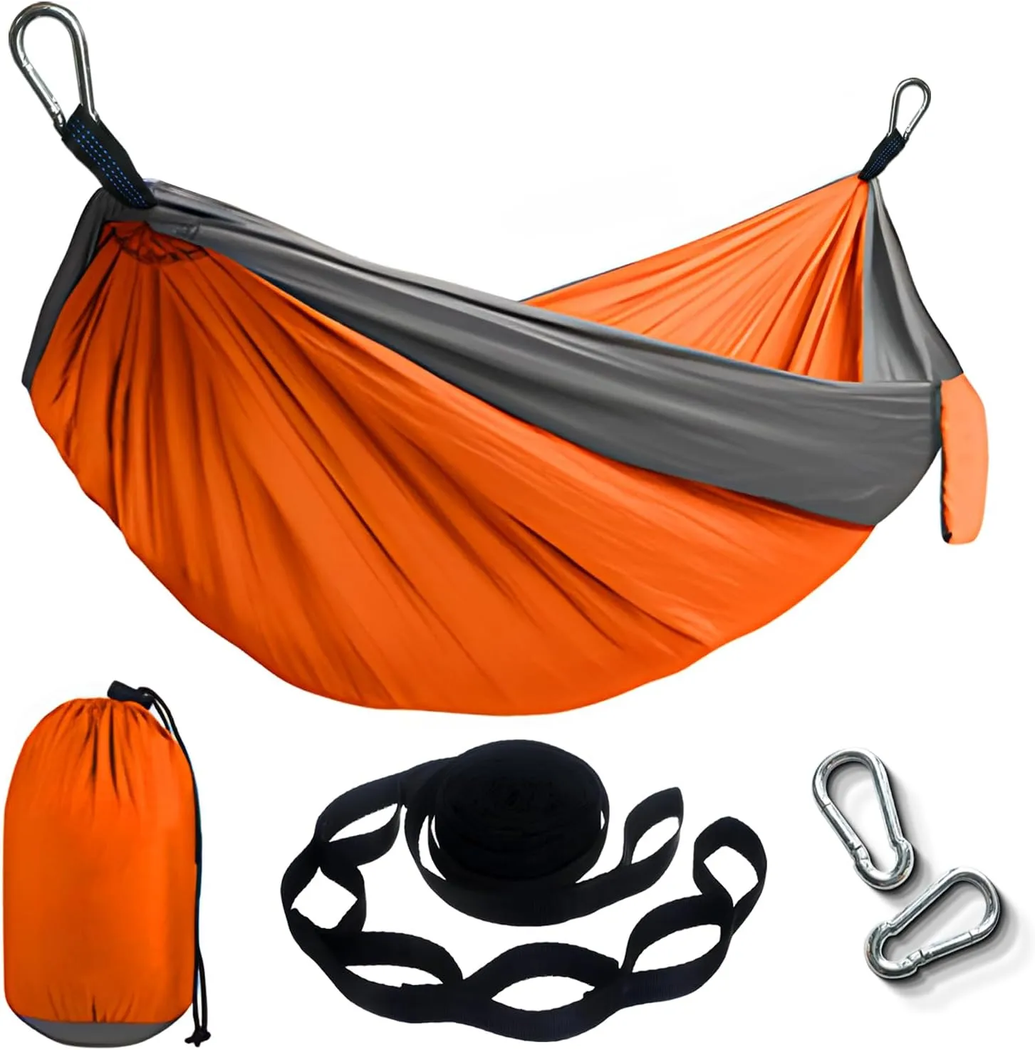 Portable Hammock and Travel Lightweight Backpacking Hammocks Swing with Stainless Steel Clip and Tree Straps for Camping Hiking Backyard Lounging Outdoor Hammock (Orange Gray)