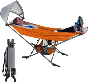 Portable Hammock with Stand, World's Best Mock ONE® Hammock, Compact Folding Framed Hammock w/Adjustable Sunshade Canopy for Indoor, Outdoor, Park, Backpacking, Camping, Hiking, Travel, Beach- Orange