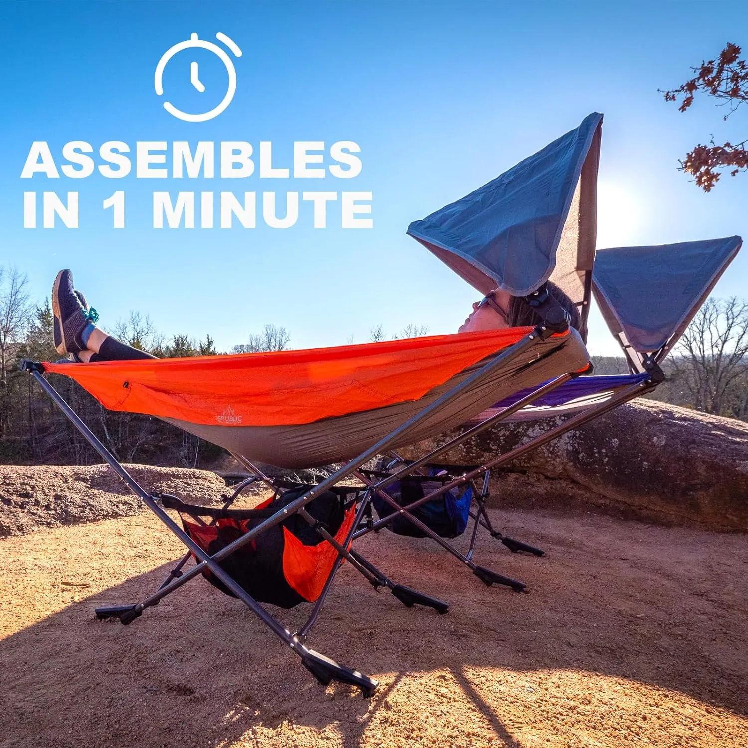 Portable Hammock with Stand, World's Best Mock ONE® Hammock, Compact Folding Framed Hammock w/Adjustable Sunshade Canopy for Indoor, Outdoor, Park, Backpacking, Camping, Hiking, Travel, Beach- Orange