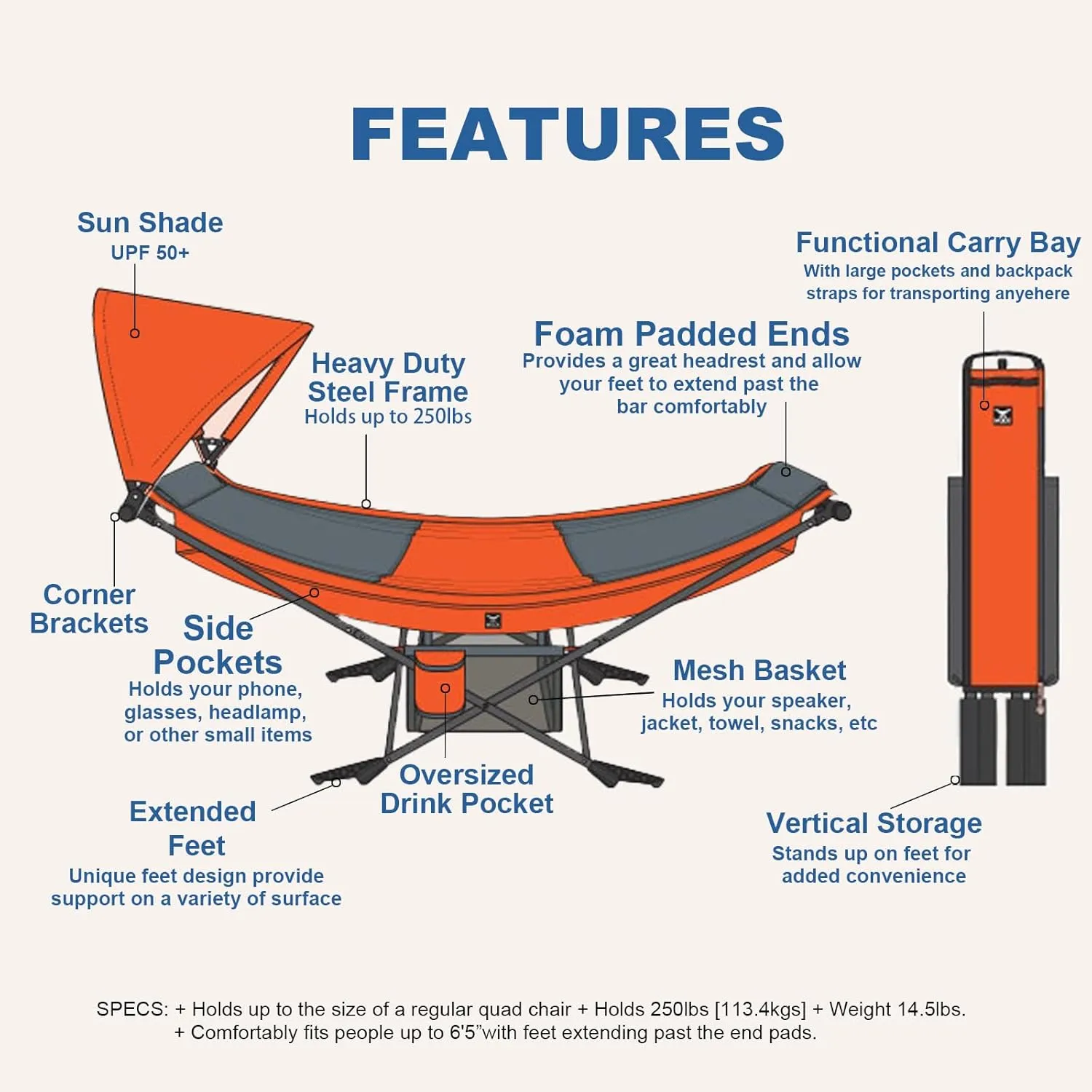 Portable Hammock with Stand, World's Best Mock ONE® Hammock, Compact Folding Framed Hammock w/Adjustable Sunshade Canopy for Indoor, Outdoor, Park, Backpacking, Camping, Hiking, Travel, Beach- Orange