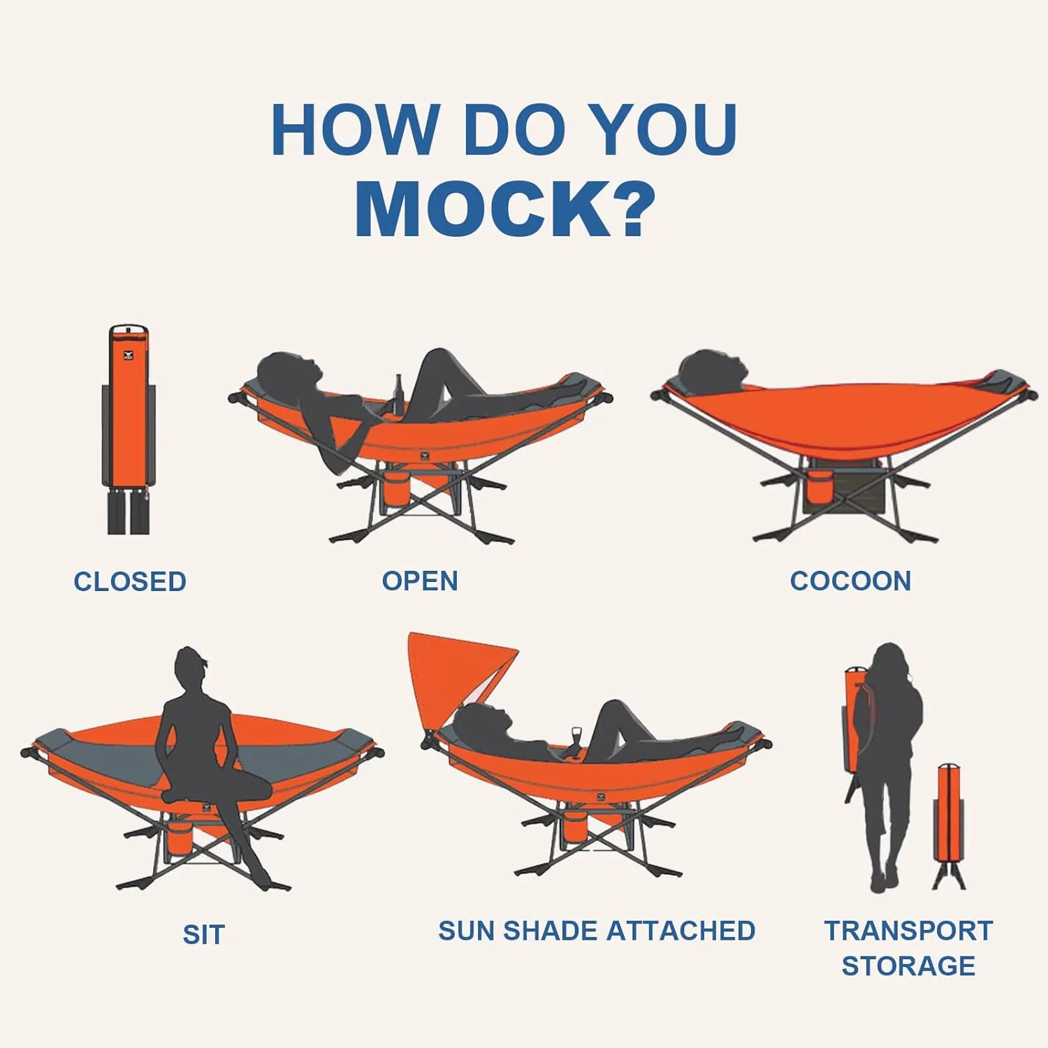 Portable Hammock with Stand, World's Best Mock ONE® Hammock, Compact Folding Framed Hammock w/Adjustable Sunshade Canopy for Indoor, Outdoor, Park, Backpacking, Camping, Hiking, Travel, Beach- Orange
