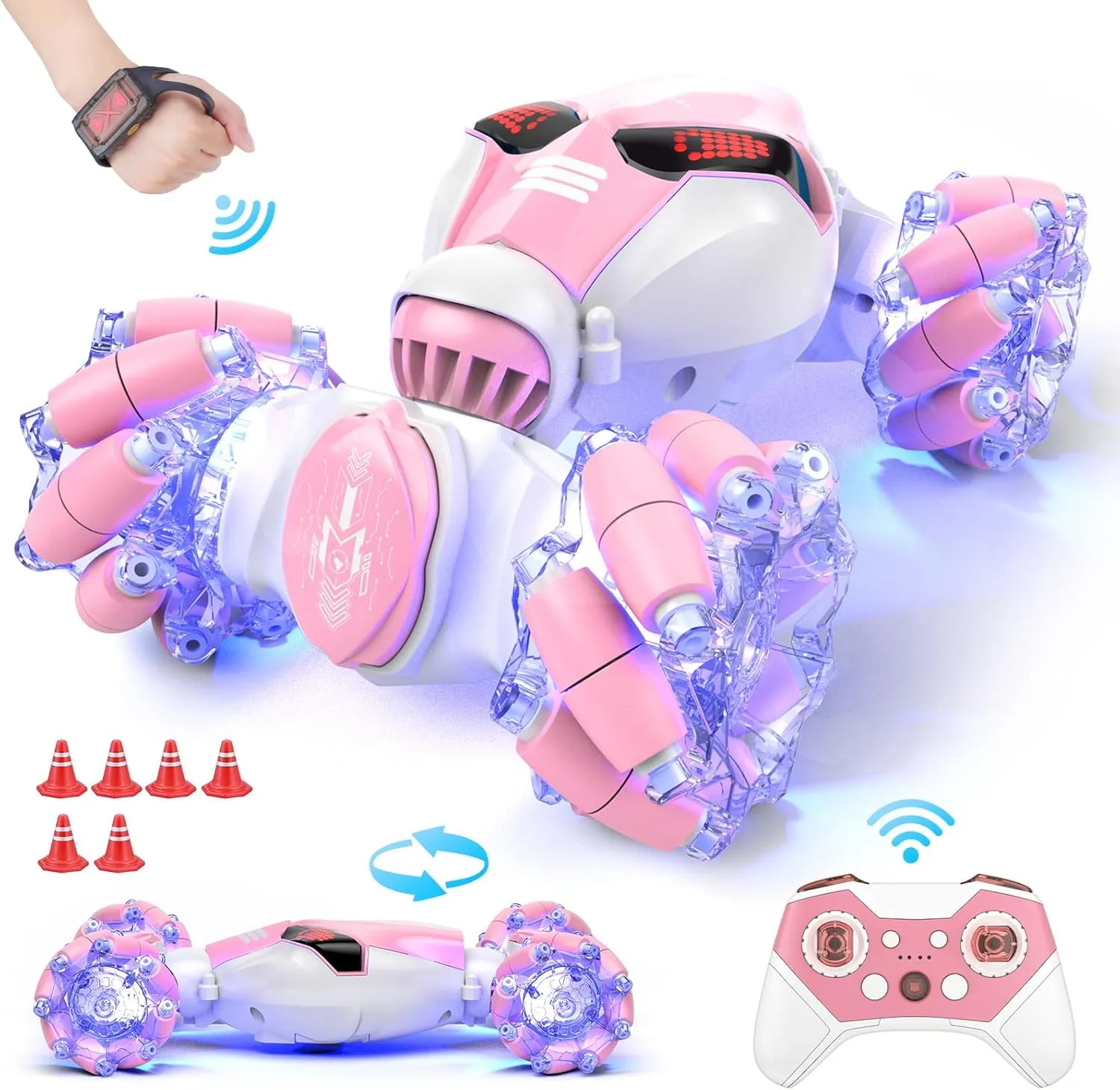 Powerextra Gesture Sensing Rc Stunt Car with Light & Music, 2.4GH 4WD Hand Controlled Double Sided 360° Flips Off Road Transform Vehicle Truck with LED Eyes, Toy Gift for Kid Age 8  Girls