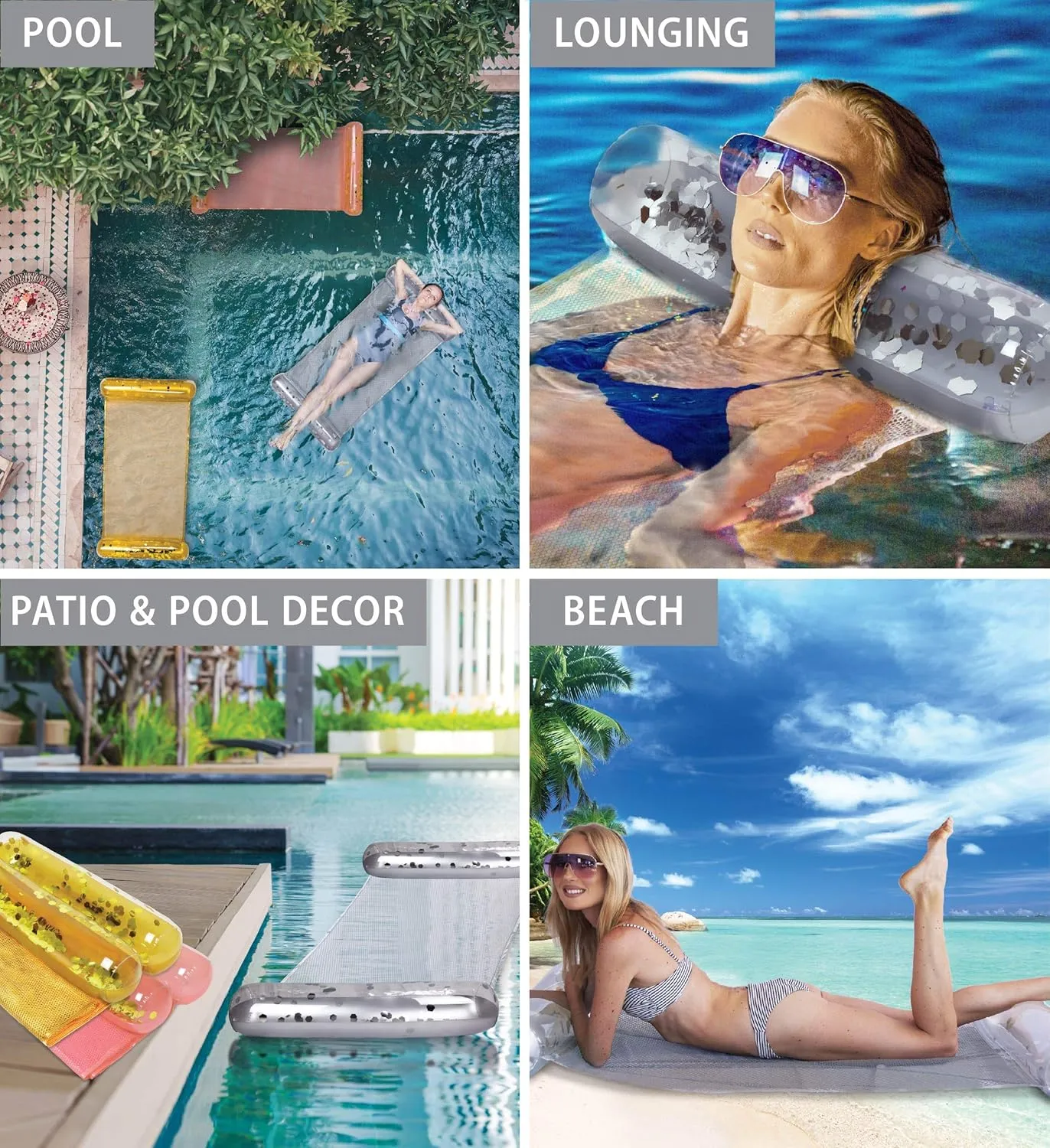 POZA Inflatable Water Hammock - Luxurious Pool Float Lounger Filled with Confetti, 4-in-1 Exercise Saddle, Lounge Chair, Hammock, & Drifter, Great for Beach & Swimming Pool - 56" x 30"