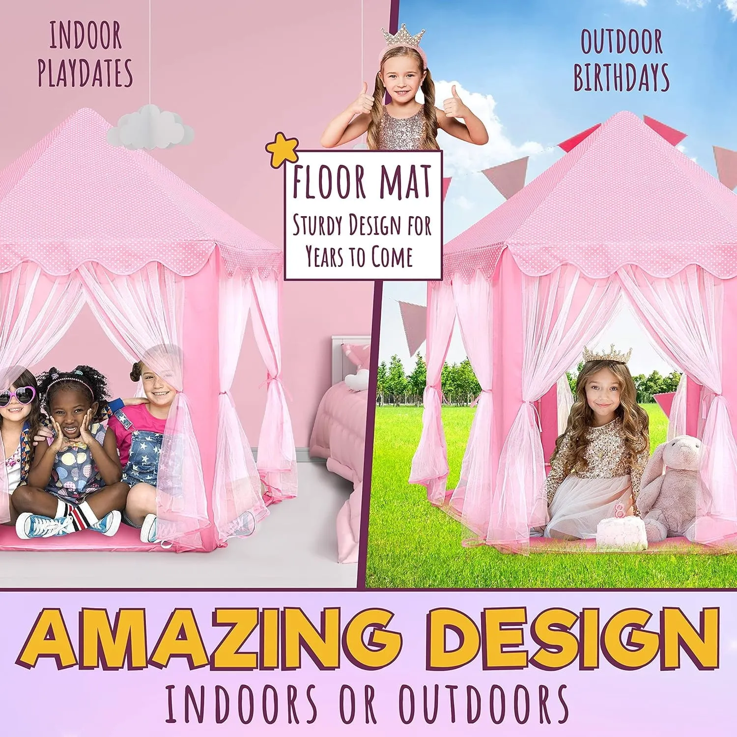 Princess Castle Play Tents for Girls with LED Star Lights,Large Size 55" x 53" Pink Hexagon Playhouses Kids Toys for Children or Toddlers Indoor or Outdoor Games
