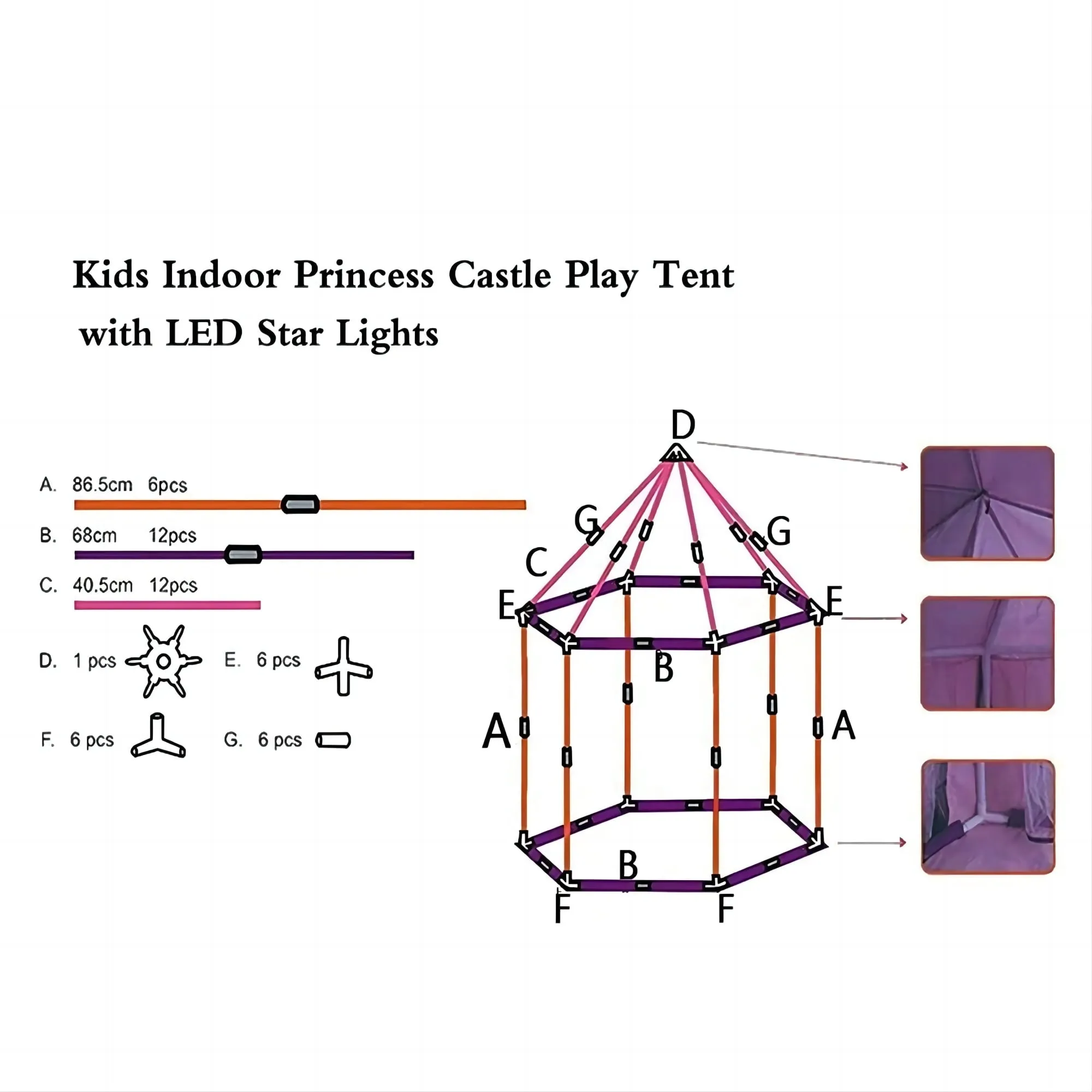 Princess Castle Play Tents for Girls with LED Star Lights,Large Size 55" x 53" Pink Hexagon Playhouses Kids Toys for Children or Toddlers Indoor or Outdoor Games