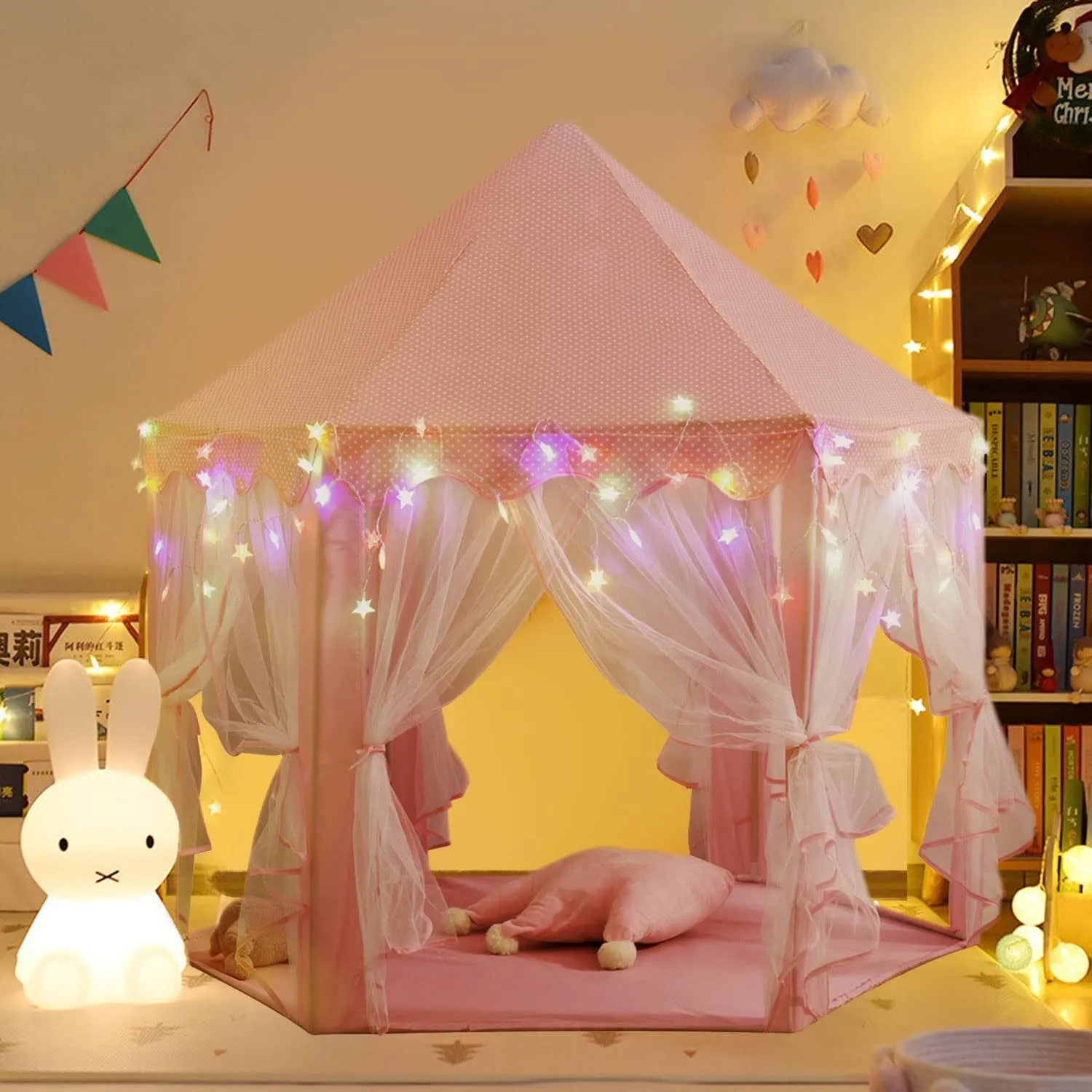 Princess Castle Play Tents for Girls with LED Star Lights,Large Size 55" x 53" Pink Hexagon Playhouses Kids Toys for Children or Toddlers Indoor or Outdoor Games