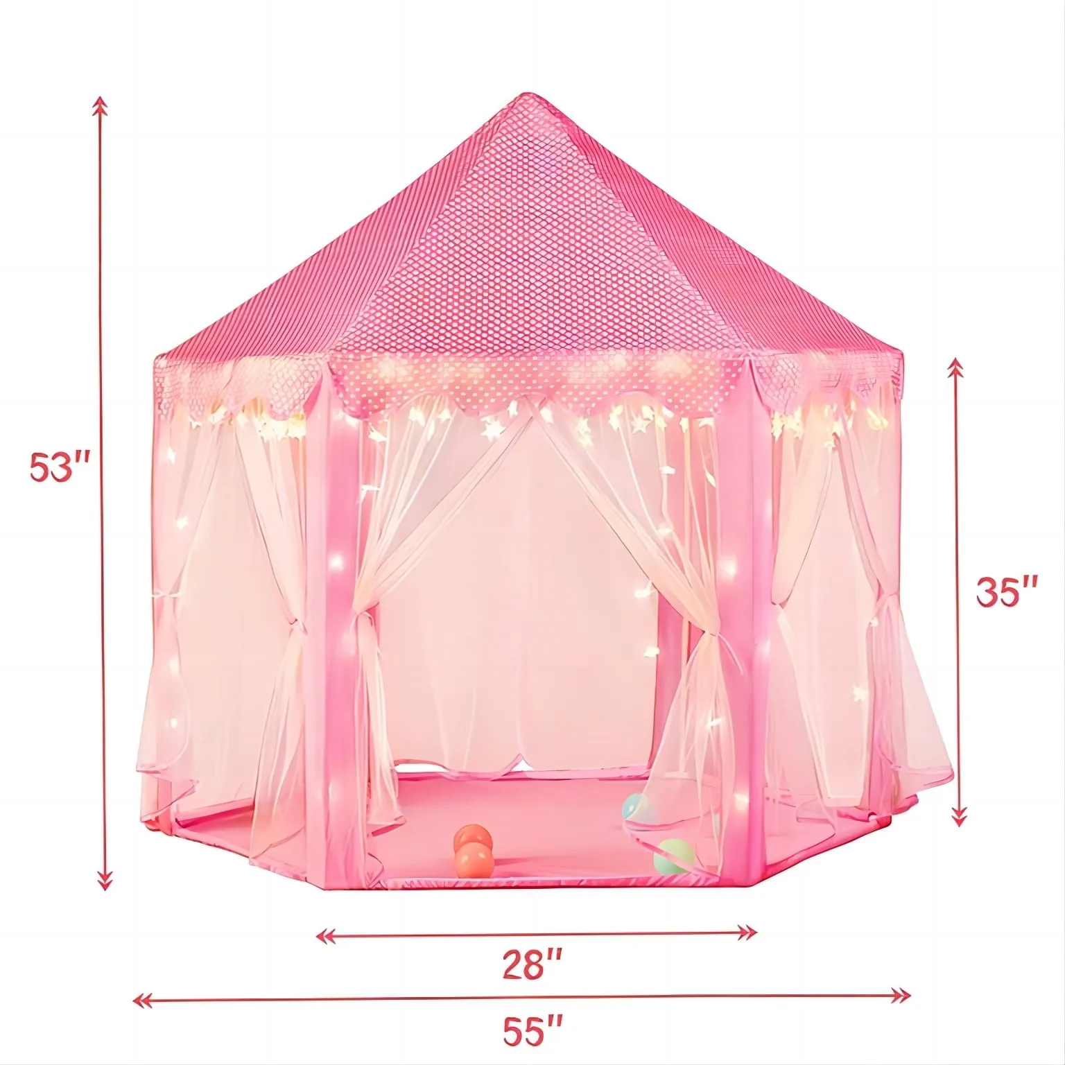 Princess Castle Play Tents for Girls with LED Star Lights,Large Size 55" x 53" Pink Hexagon Playhouses Kids Toys for Children or Toddlers Indoor or Outdoor Games