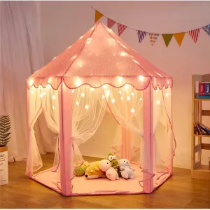 Princess Castle Play Tents for Girls with LED Star Lights,Large Size 55" x 53" Pink Hexagon Playhouses Kids Toys for Children or Toddlers Indoor or Outdoor Games