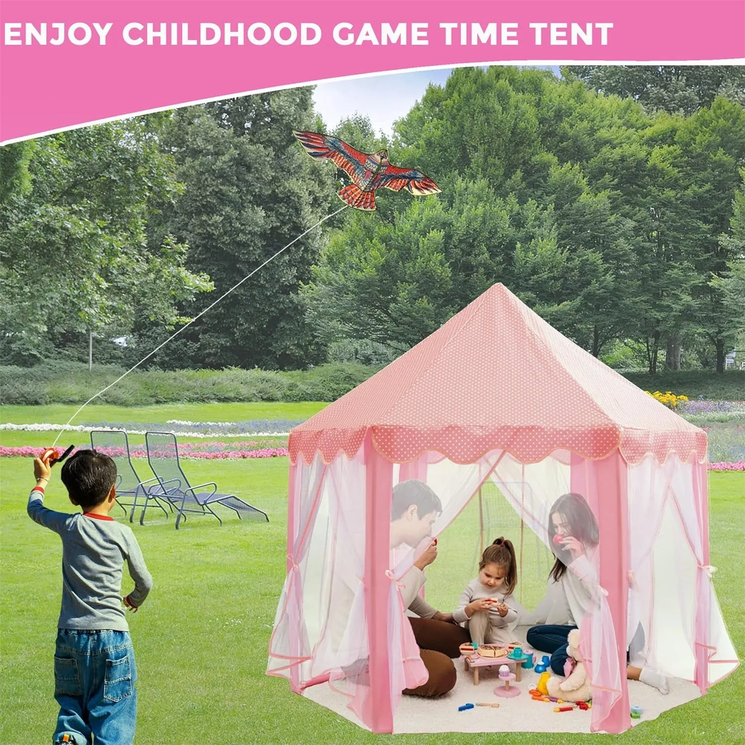Princess Castle Play Tents for Girls with LED Star Lights,Large Size 55" x 53" Pink Hexagon Playhouses Kids Toys for Children or Toddlers Indoor or Outdoor Games