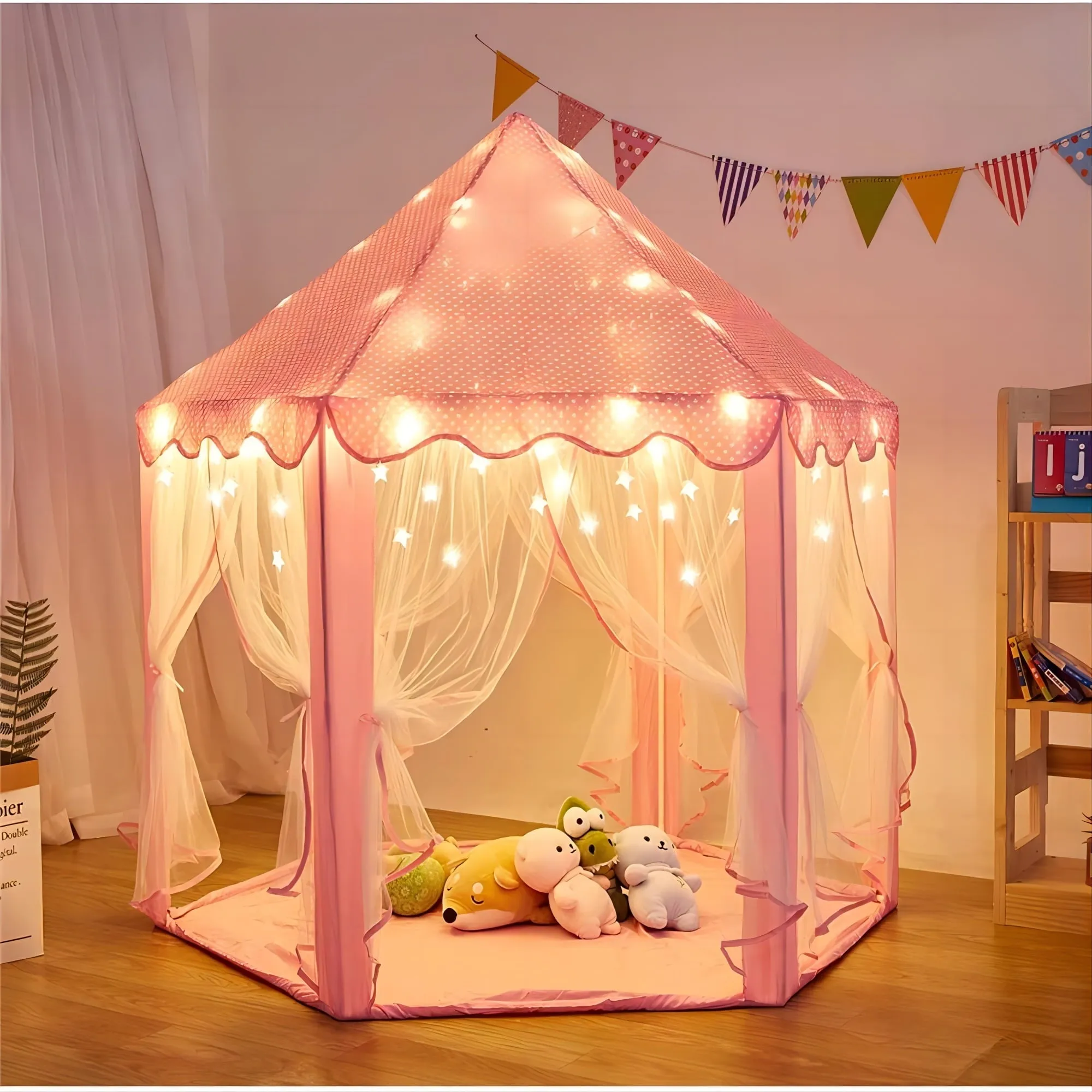 Princess Castle Play Tents for Girls with LED Star Lights,Large Size 55" x 53" Pink Hexagon Playhouses Kids Toys for Children or Toddlers Indoor or Outdoor Games