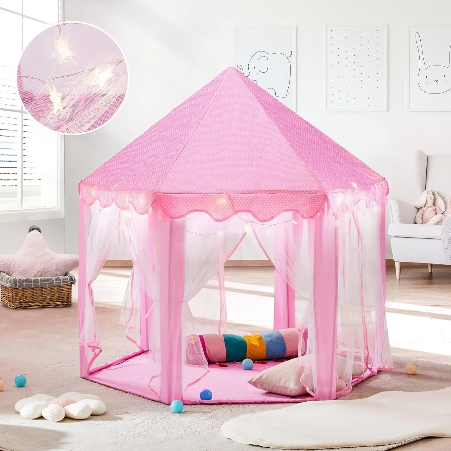 Princess Castle Play Tents for Girls with LED Star Lights,Large Size 55" x 53" Pink Hexagon Playhouses Kids Toys for Children or Toddlers Indoor or Outdoor Games