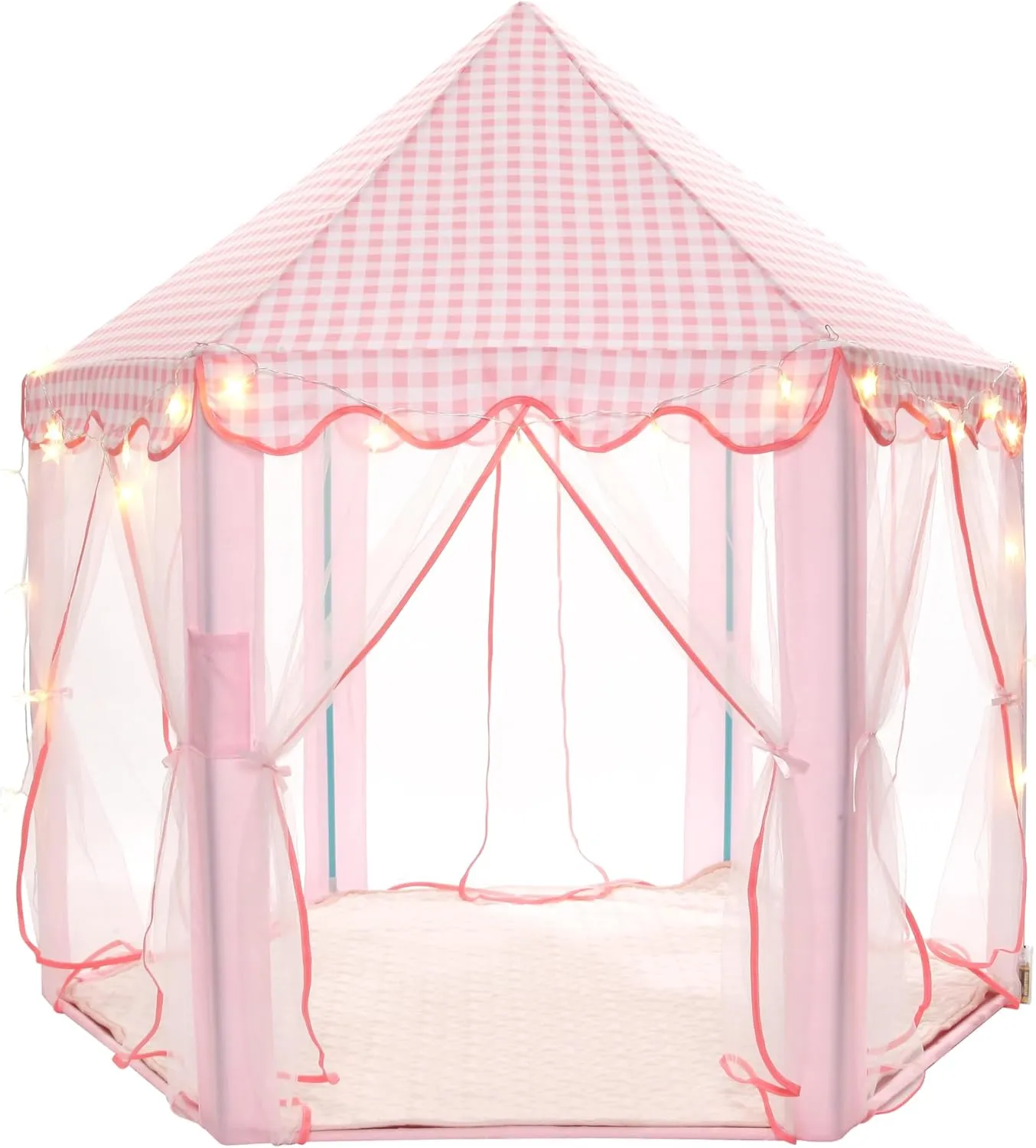 Princess Play Tent, Large Playhouse Castle Play Tent with Mat, Star String Toy, Indoor and Outdoor Games, for Children, Kids, Girls, Pink Plaid, 53" x 53" x 51", Pink