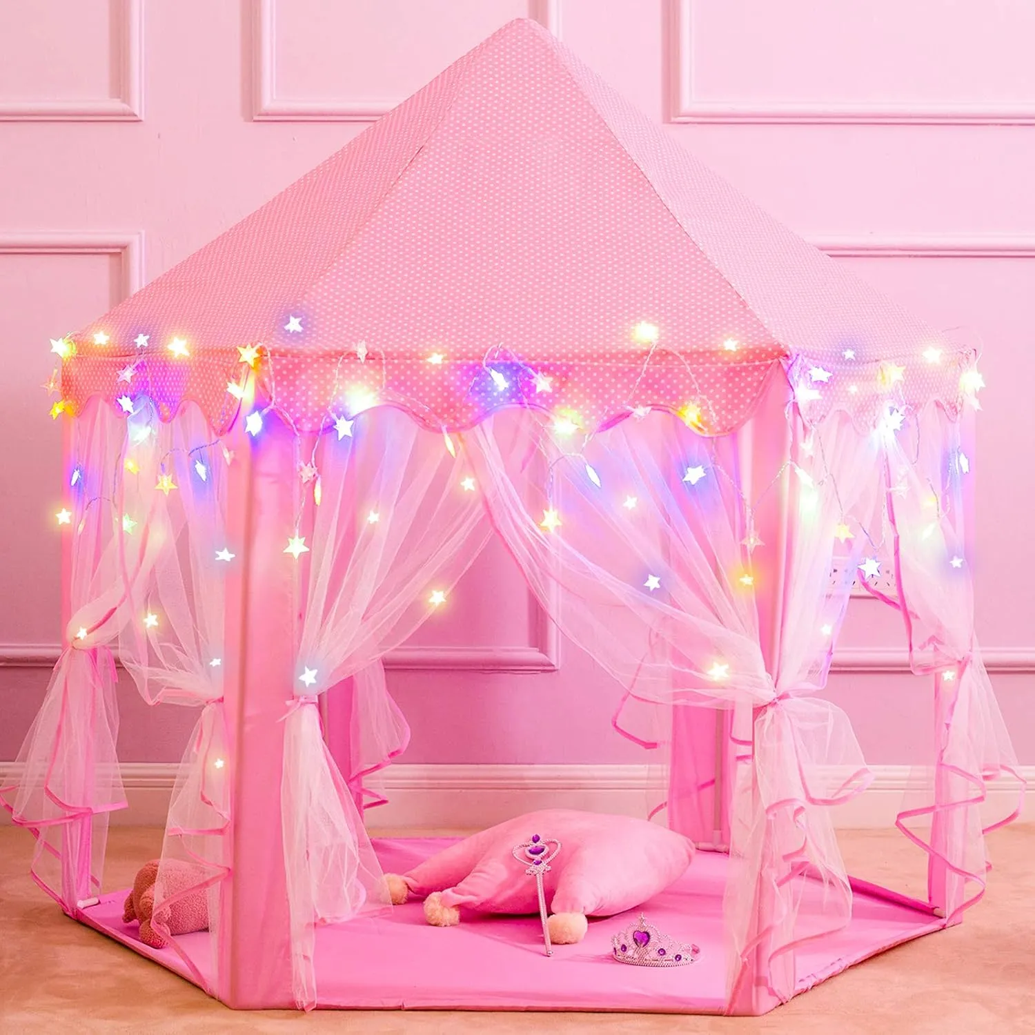 Princess Tent Girls Large Playhouse Kids Castle Play Tent with Star Lights, Bonus Princess Tiara and Wand Toy for Children Indoor & Outdoor Games, 55" x 53" Gifts Age 3 