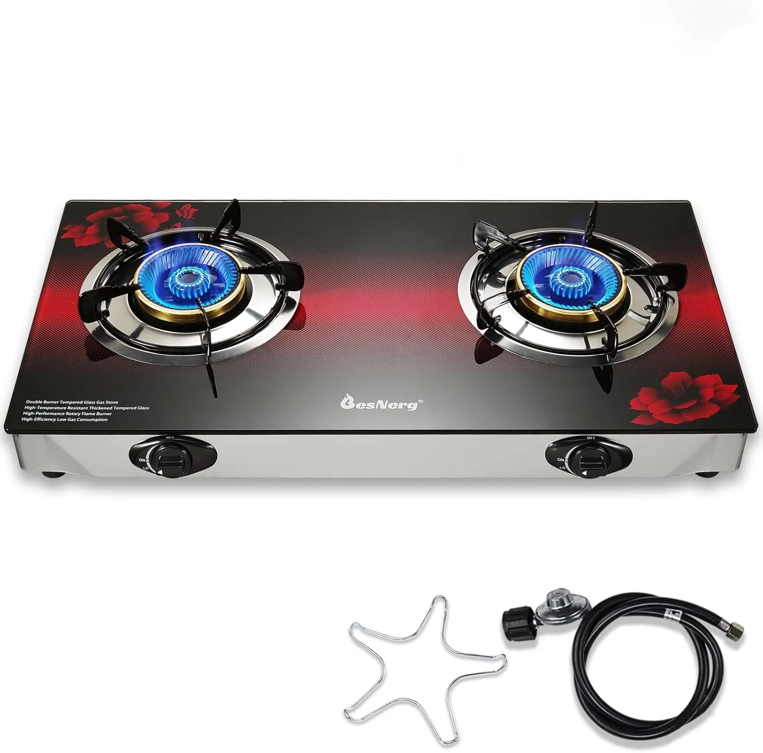 Propane Stove 2 Burner Gas Stove, 28800 BTU High-Efficiency Auto Ignition Tempered Glass LPG Cooktop with CSA Regulator and Hose – for Outdoor Camping, RV, and Emergency Cooking
