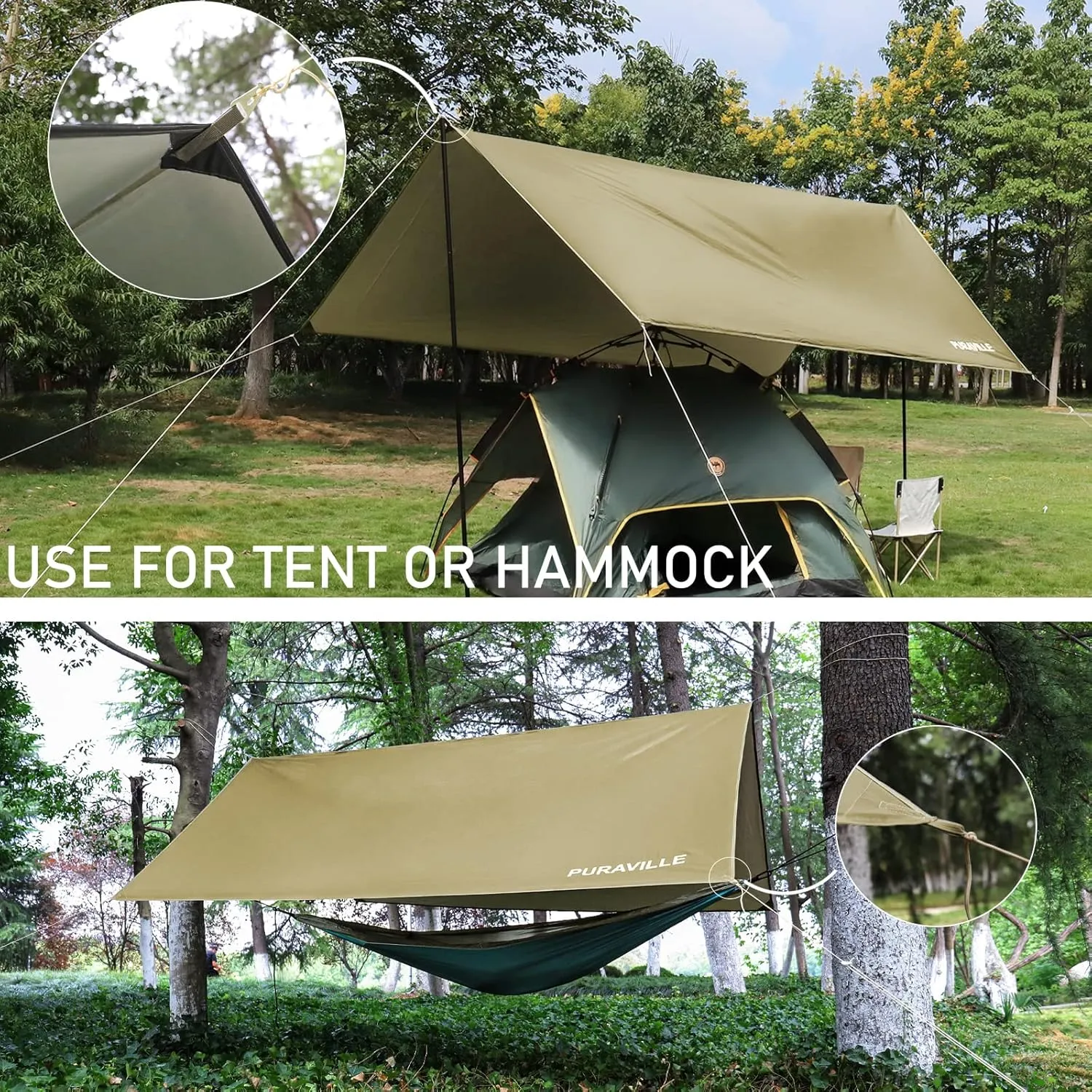 Puraville 10x10 ft Rectangle Lightweight Camping Tarps, Portable Waterproof Hammock Rain Fly Tent Tarp for Camping Backpacking, Khaki