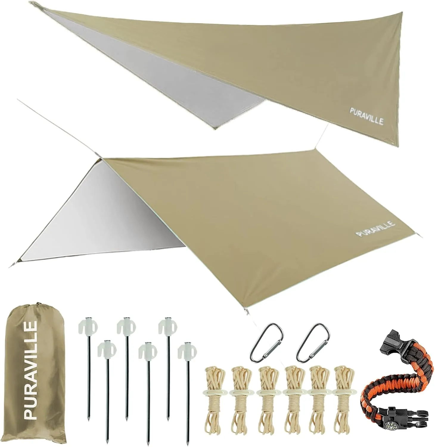 Puraville 10x10 ft Rectangle Lightweight Camping Tarps, Portable Waterproof Hammock Rain Fly Tent Tarp for Camping Backpacking, Khaki