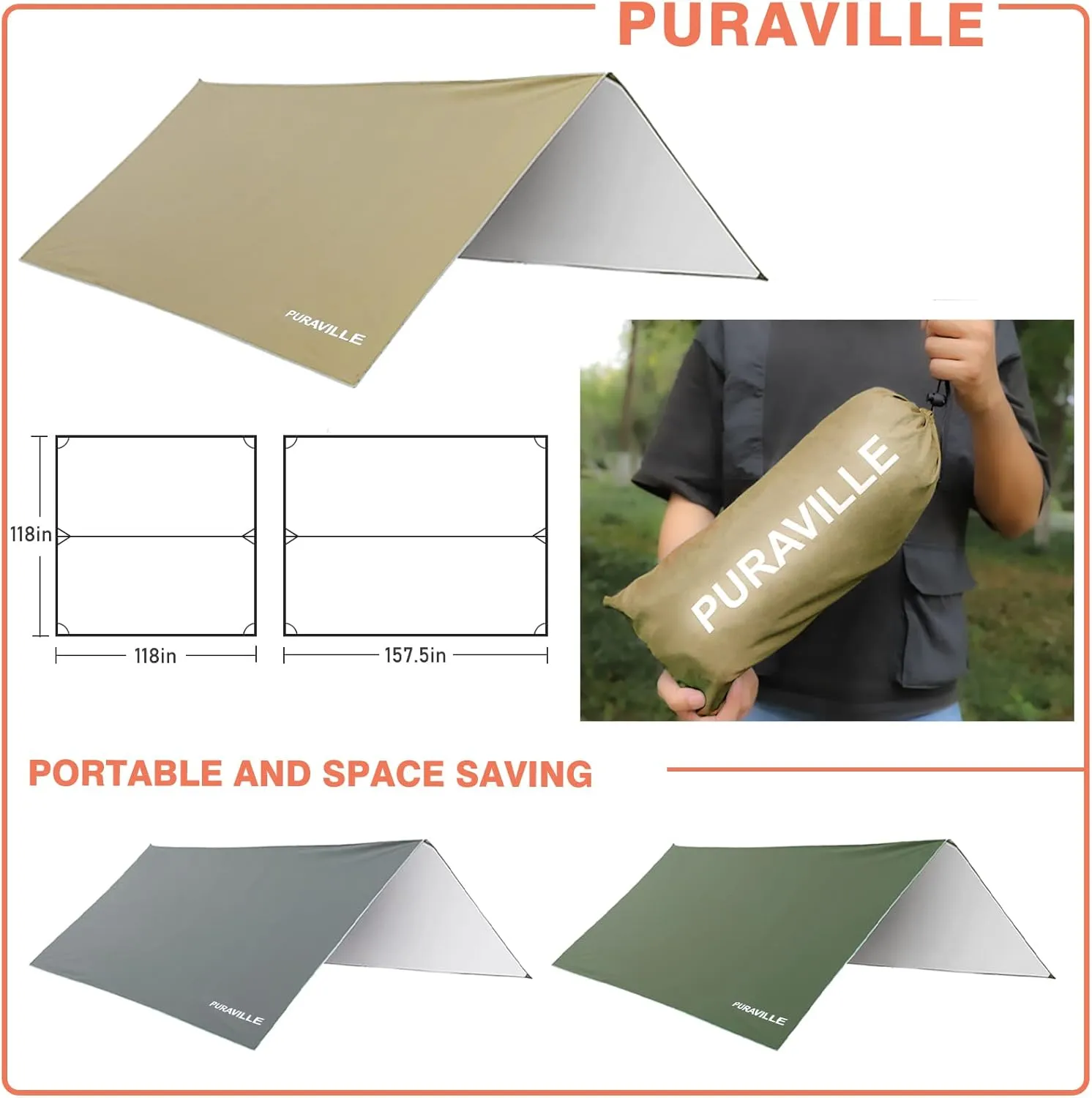 Puraville 10x10 ft Rectangle Lightweight Camping Tarps, Portable Waterproof Hammock Rain Fly Tent Tarp for Camping Backpacking, Khaki