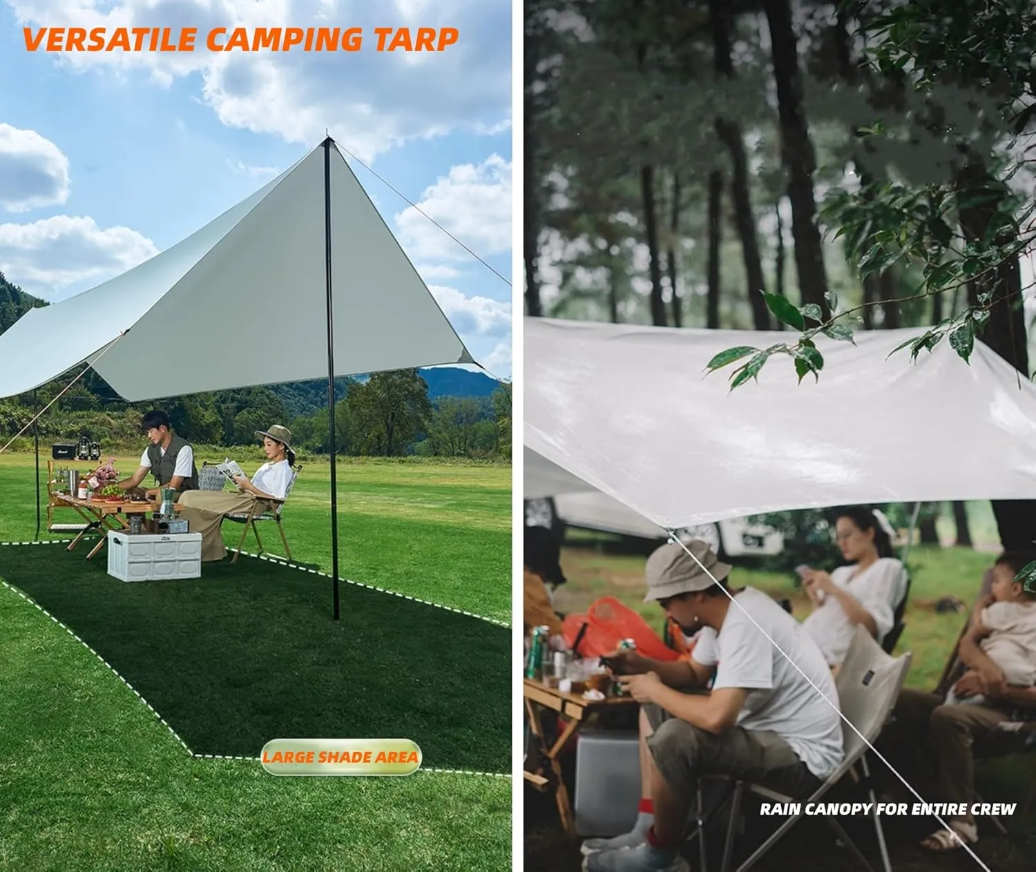 Puraville 10x10 ft Rectangle Lightweight Camping Tarps, Portable Waterproof Hammock Rain Fly Tent Tarp for Camping Backpacking, Khaki