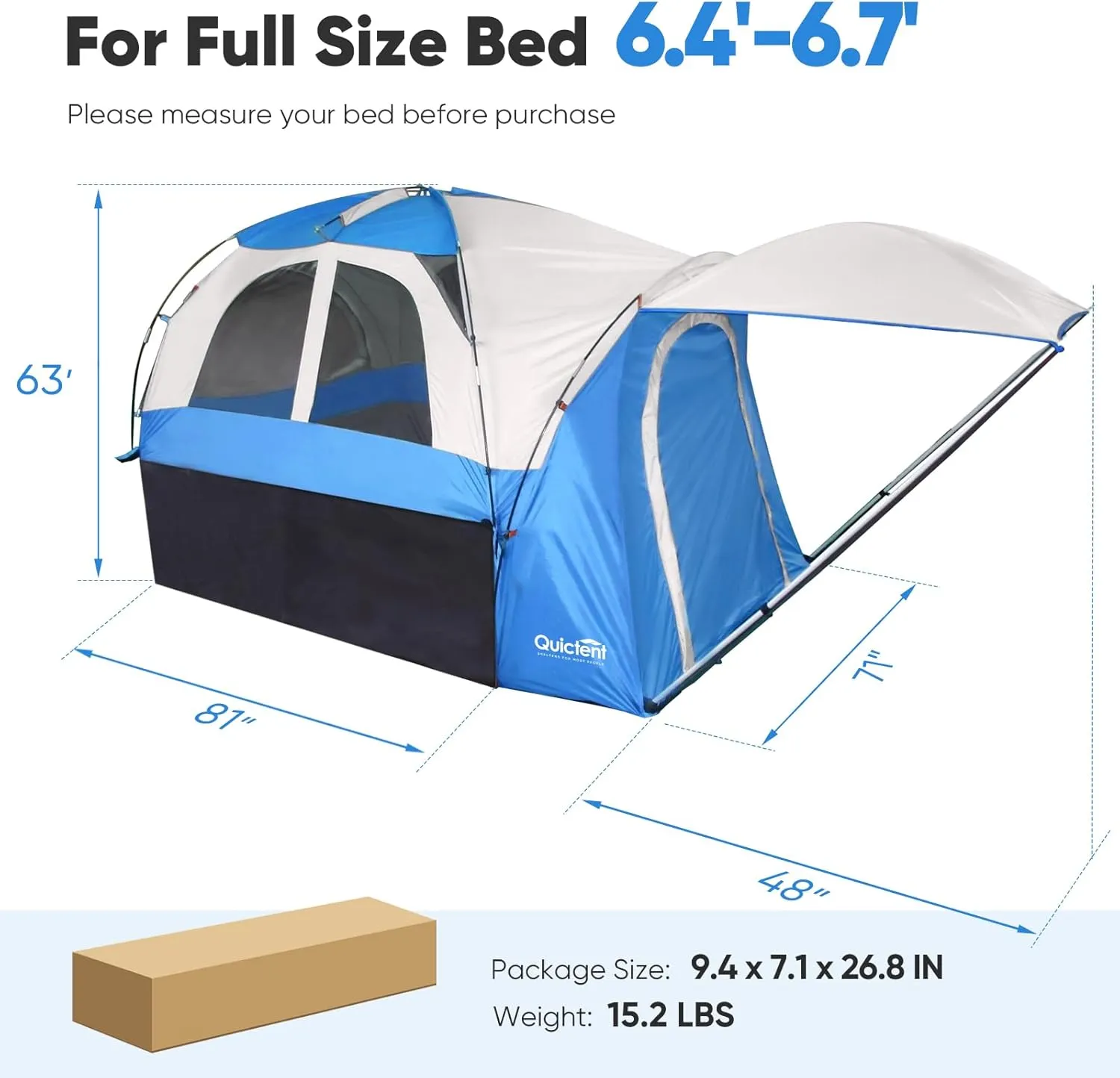 Quictent Pickup Truck Tent for 5.5-5.8'/6.0-6.3'/6.4-6.7'/8.0-8.2'/5.0-5.2' Bed, Waterproof PU2000mm 2-Person Sleeping Capacity Truck Bed Tent with Removable Awning, Rainfly ＆ Storage Bag Included