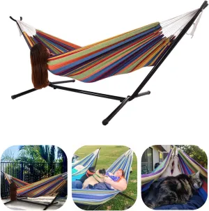 Quilted Hammock with Steel Stand - 2 Person Heavy-Duty Double Hammock Included Storage Carrying Case Portable Hanging Camping Bed for Backyard Patio - 450 Pound Capacity -