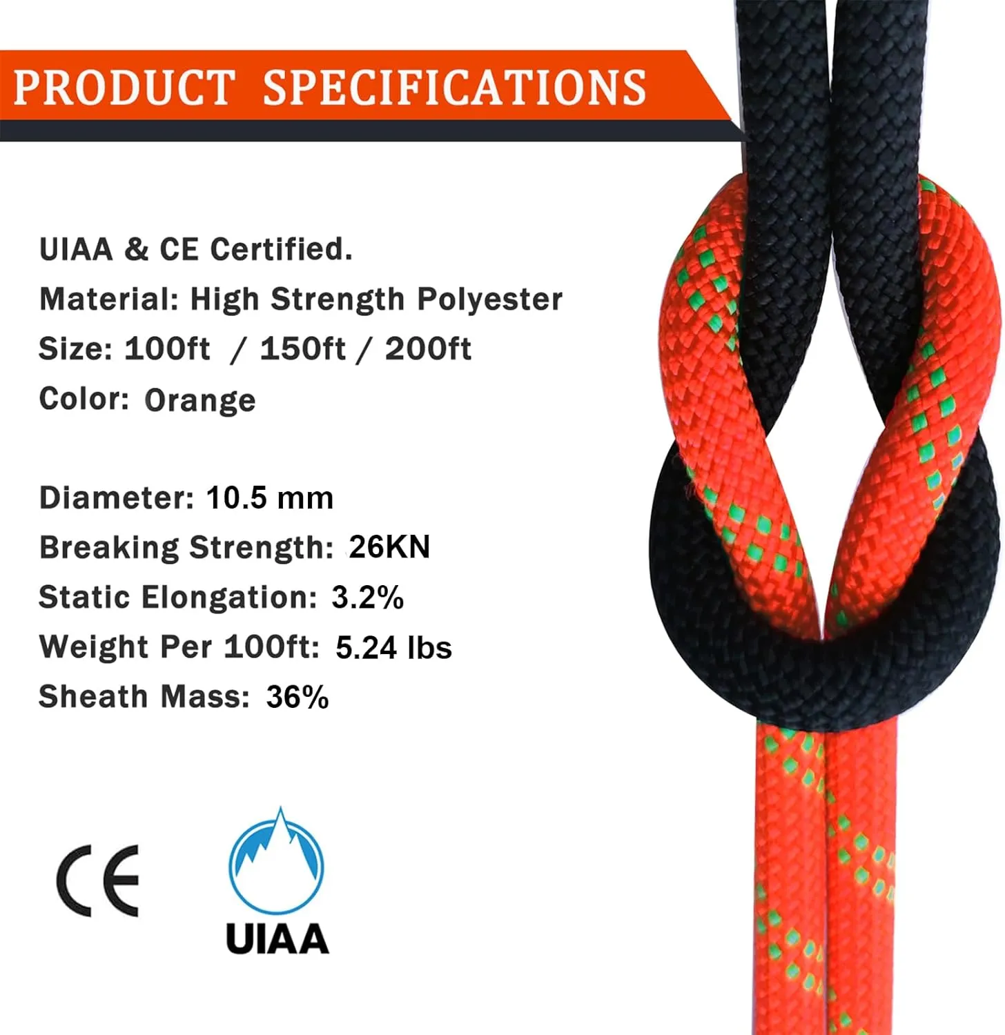 Ratifc Static Rope Rock Climbing Rope 100FT Rappelling Rope for Mountain Tree Climbing, Rock Climbing,Hauling, Rescue, Climbing Equipment, Orange