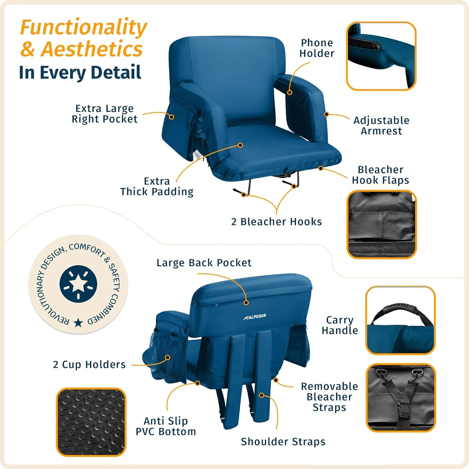 Reclining Stadium Seats for Bleachers with Back Support – Wide Bleacher Chair Cushion, Armrests, Large Pockets, and Multiple Safety Features – Best Stadium Seat Chairs for Camping, Kayak Backs & More