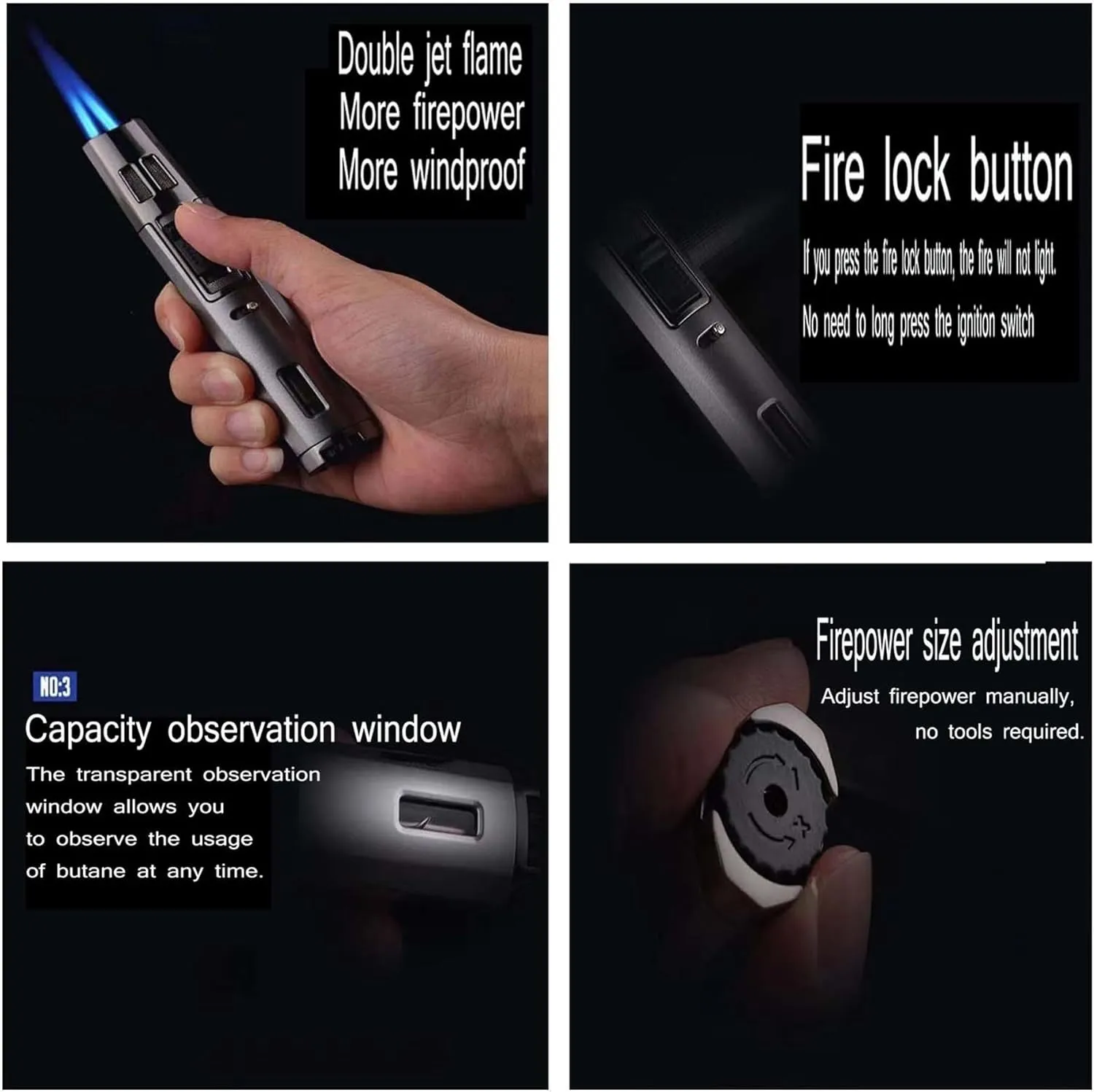 Refillable Butane Torch Lighter Adjustable Dual Flame Visual Fuel Window Lighter for Outdoor Use(Black)