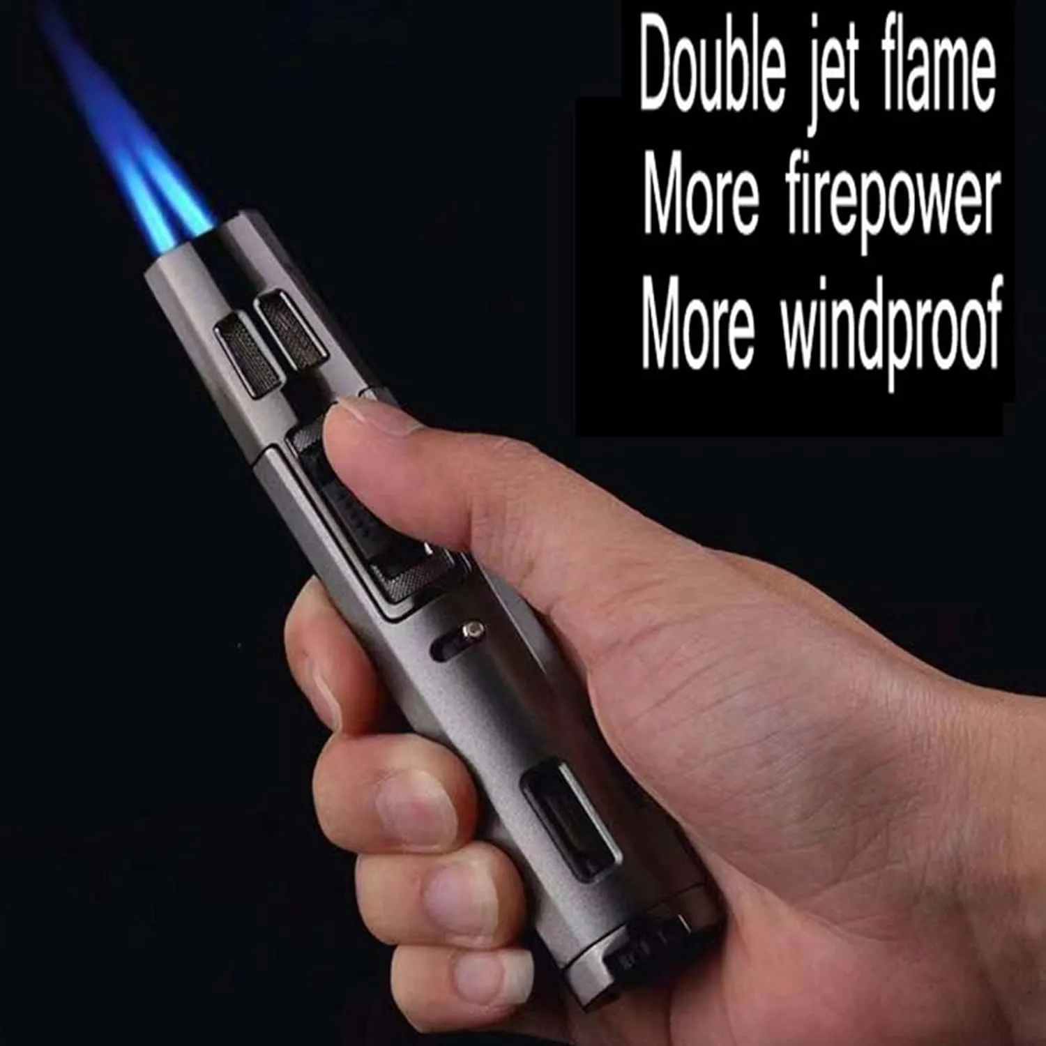 Refillable Butane Torch Lighter Adjustable Dual Flame Visual Fuel Window Lighter for Outdoor Use(Black)