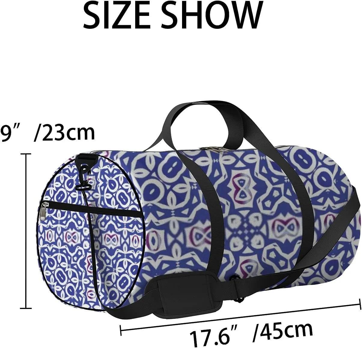 Retro Navy Blue Oriental Ornament Pattern Sports Bag Tote Bag Waterproof Gym Bag with Shoulder Strap Zipper 2 Side Pockets for Men and Women, Travel and Storage Shoulder Bag.